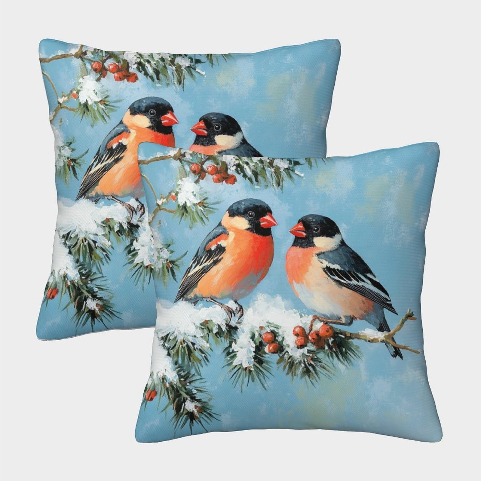 kaiyun 2 Pack Two Bullfinches - Spruce Branch 3D Cushion Cover Pillow Cover Sofa Outdoor Decoration Square 45x45cm