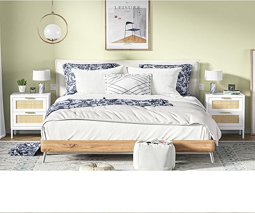 Miniatura 7 de Giluta Mesita de noche de madera de mediados de siglo con 2 cajones de ratán natural mesita de noche con patas de metal blanco gabinete de