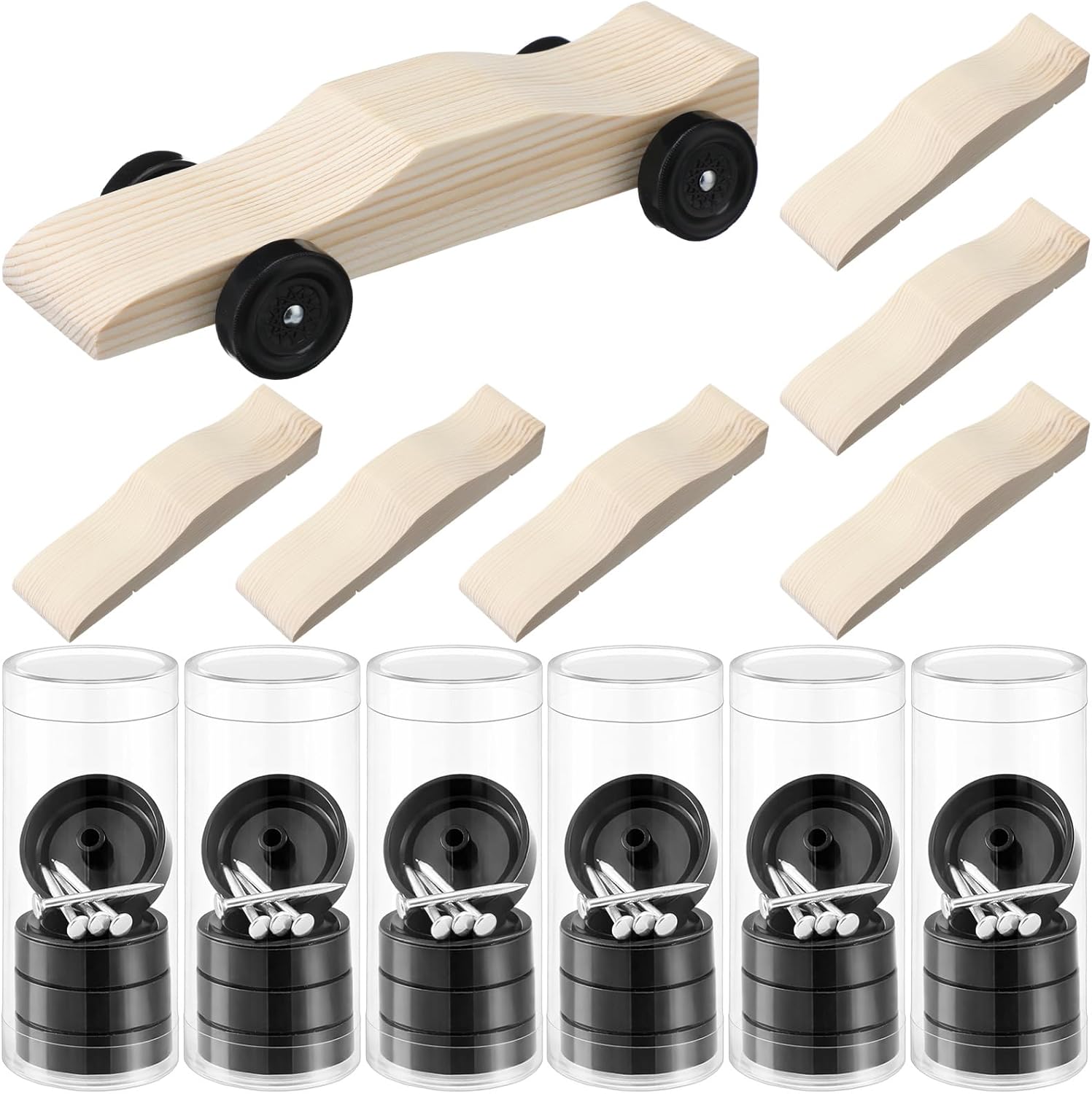6 Sets Derby Car Kits Bulk Pre-Cut Derby Tank Car Body with Pre-drilled Axle Holes for Easy Insertion, Wooden Cars Kits with Wheels and Axels for Beginners Pro Racer