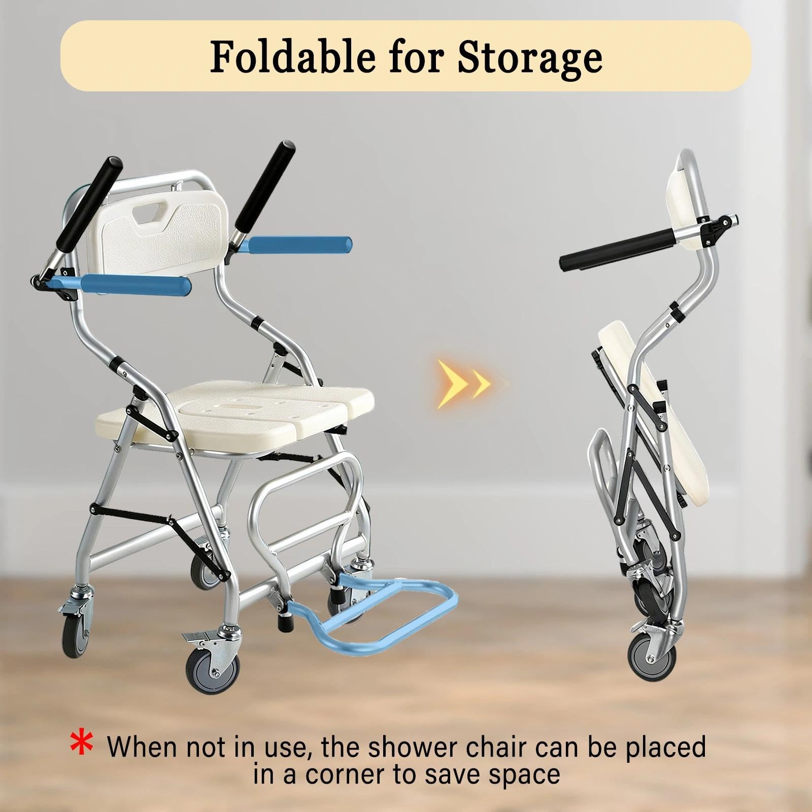 Silla de Ducha con Ruedas, Silla de Baño Ancianos Ducha con Reposabrazos y Respaldo, Taburete de Ducha Plegable para Personas Mayores y Discapacitados, Montaje sin Herramientas
