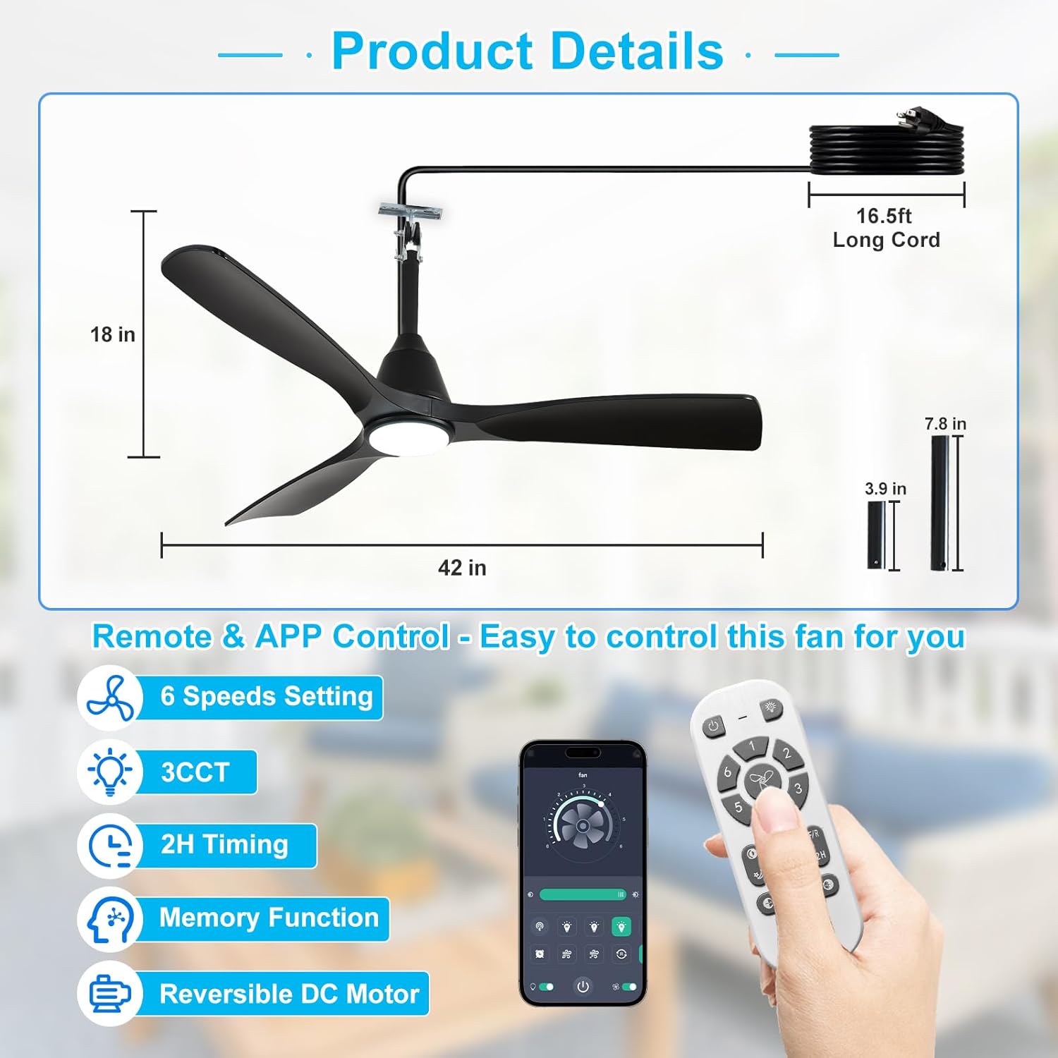 Depuley Outdoor Ceiling Fan with Lights: 42" Black Gazebo Fans Outdoor Hanging with Remote APP Control - Plug in Waterproof Fans with Light for Patio Porch Reversible Black Blades 3CCT 6 Speeds Timer - Image 7