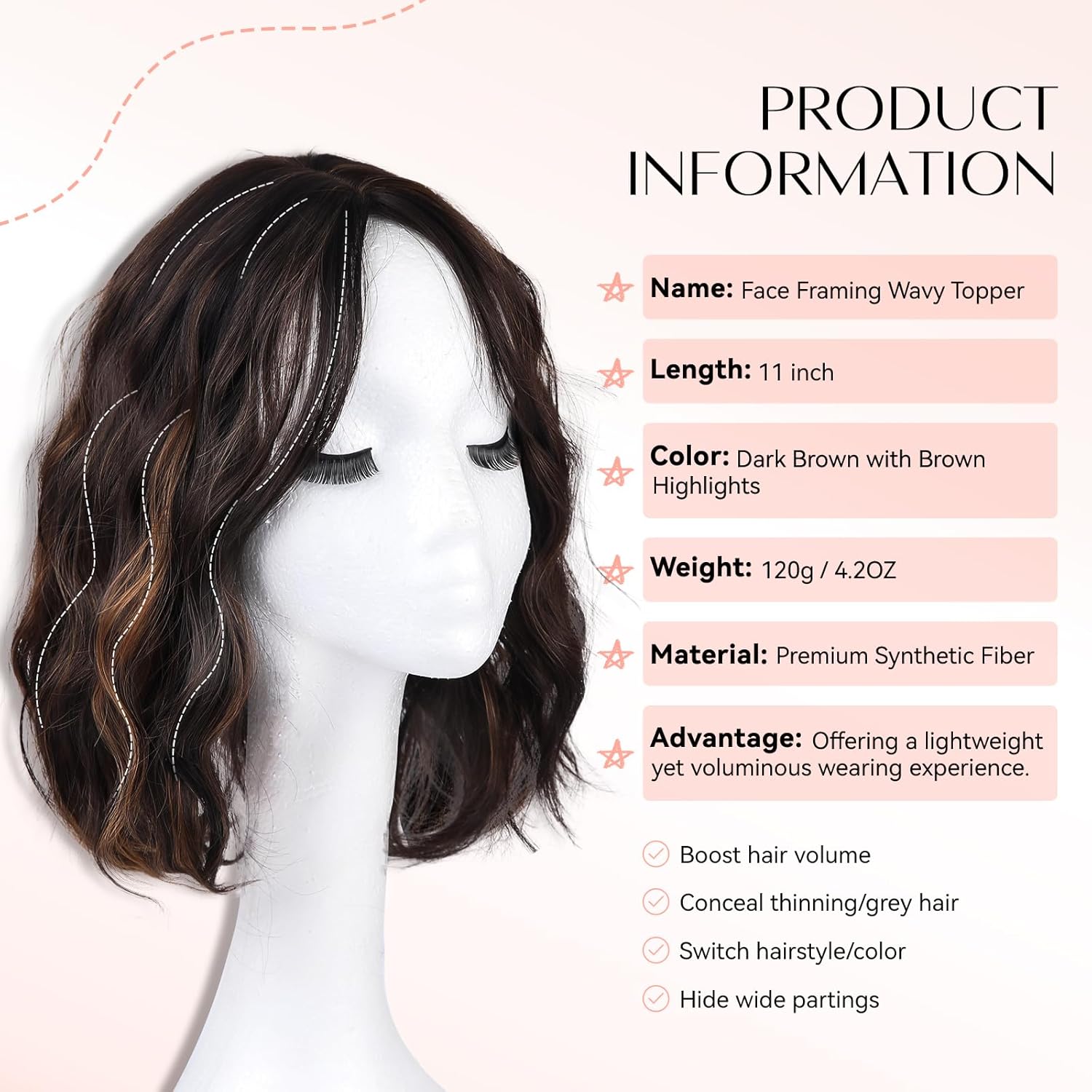 LEEONS Short Wavy Hair Topper 11inch, 6.5x6.5 Base Lightweight Synthetic Hairpiece, Natural-Looking for Women to Add Volume & Cover Thin Hair