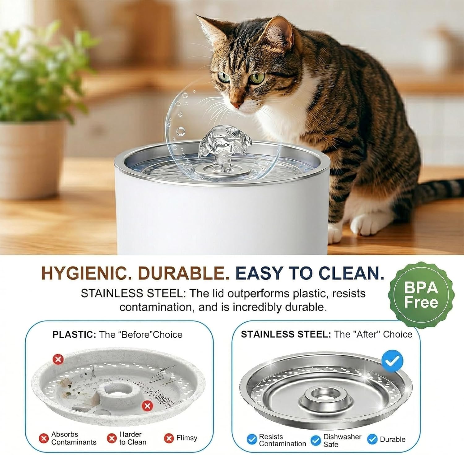 Wonder Creature Cat Water Fountain with 4 Filters & 4 Sponges, 2.4L/81oz for Multiple Cats, Stainless Steel Lid Automatic Pet Fountain with Ultra Quiet Pump, LED Light & Water Level Window