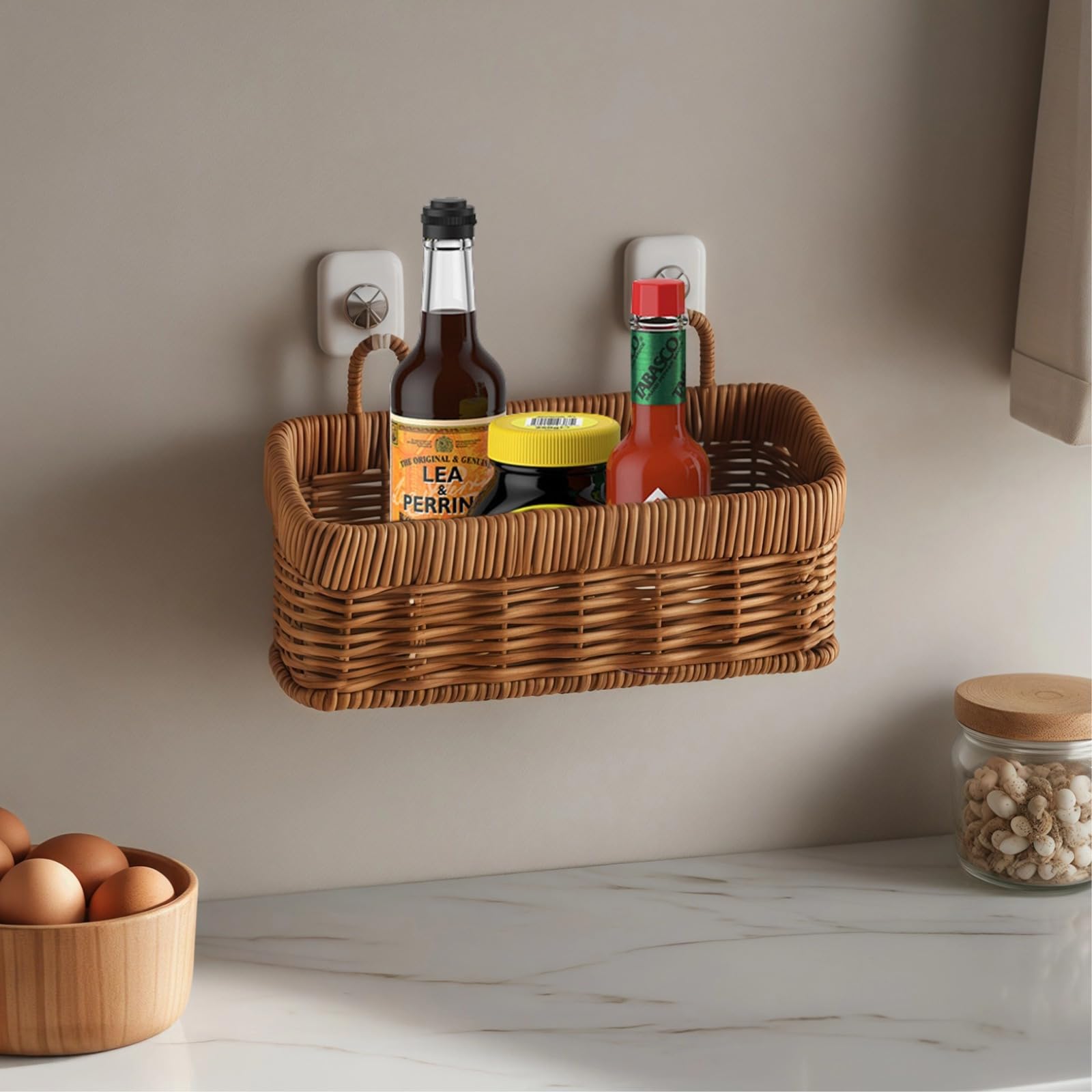 Cestino rettangolare a doppia orecchio, da parete, in finto rattan, per uova, frutta e altro, 21,5 x 12,4 x 7,9 cm