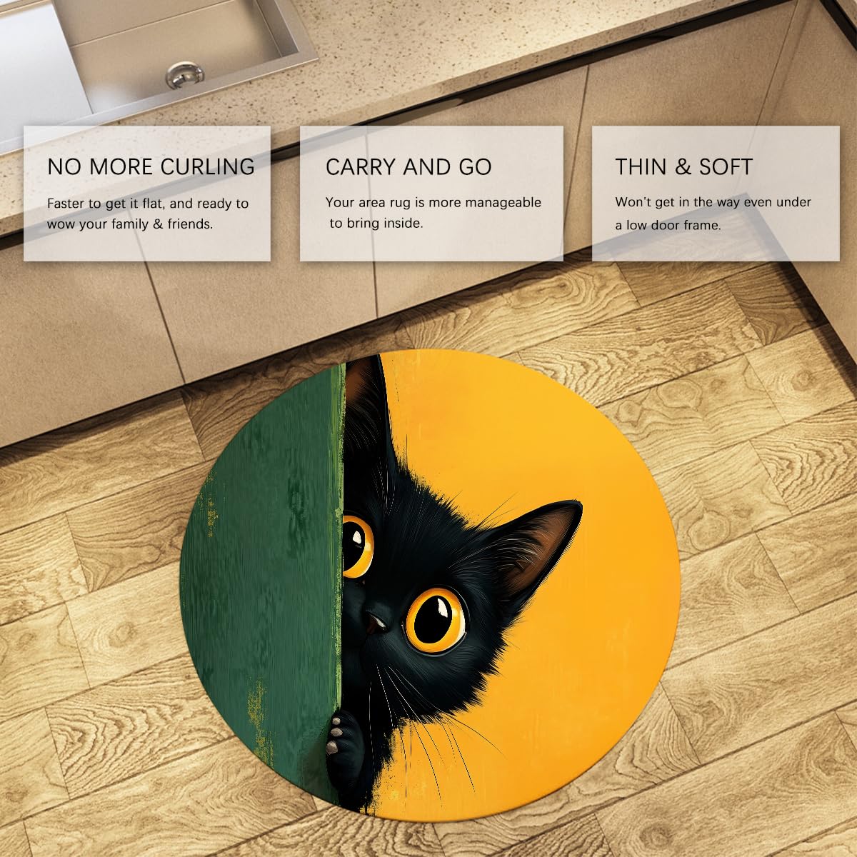 Tapis Rond pour Chat Joueur 80cm Tapis Jaunes Verts Animaux Mignons pour Chambre de bébé Rug à Poil Bas Lavable Tapis antidérapant pour Le Salon d’entrée