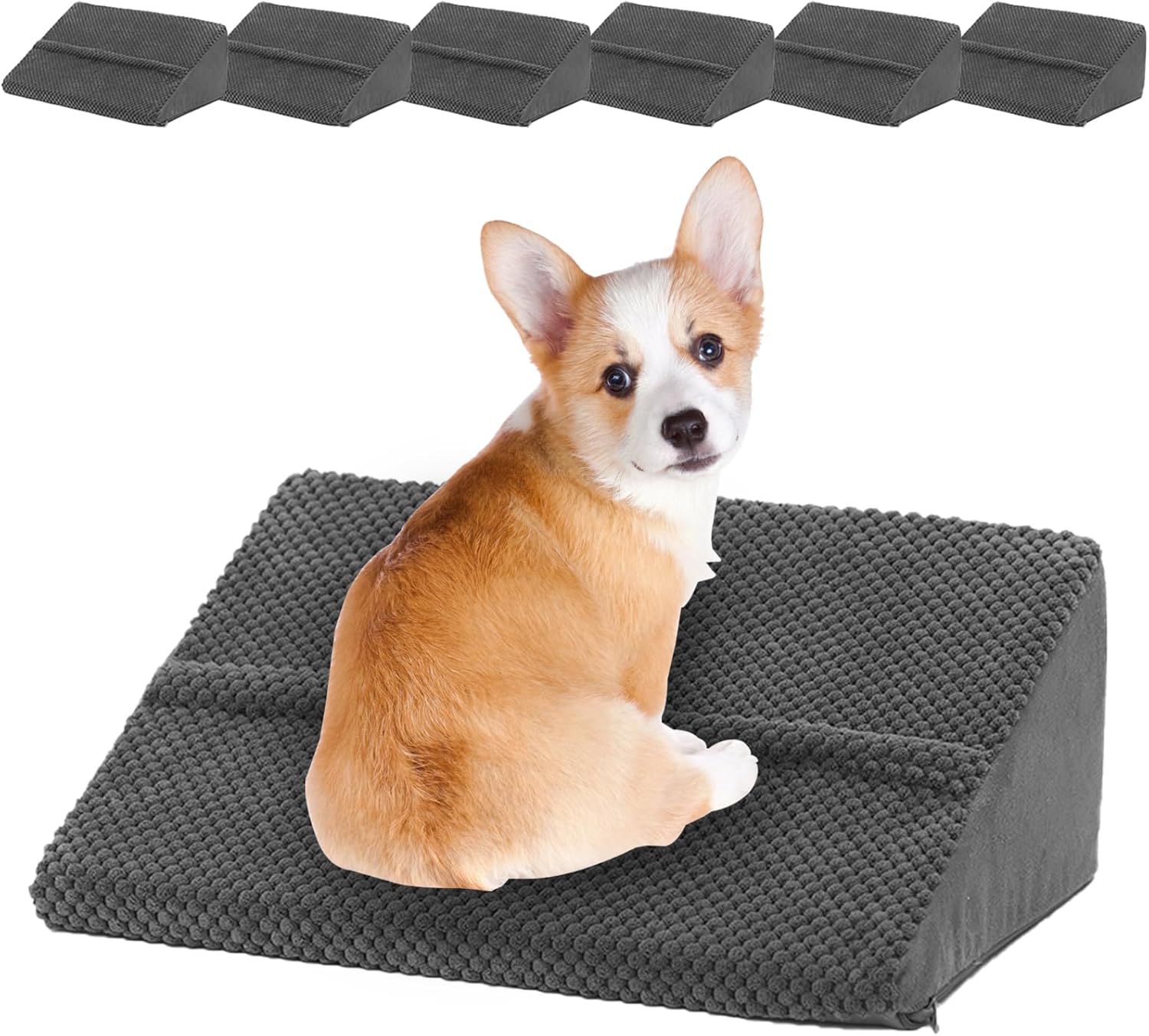 Upgrade Non-Slip Dog Ramps/Stairs for Staircase, Foam Dog Ramps for Stairs Inside House, Foam Pet Ramps for Small Dogs, Stair Ramp for Injured Dogs Cats with Self-Sticky Pads to Fix, 6 Pack Update Dark-Gray-Pack 6