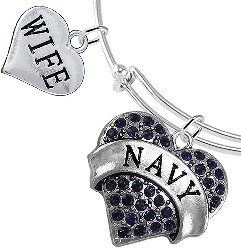 Cardinali Jewelry Navy Wife Blue Crystal Heart Bracelet, Adjustable, Hypoallergenic, Will NOT Irritate Anyone with Sensitive Skin. Safe- Nickel, Lead and Cadmium Free