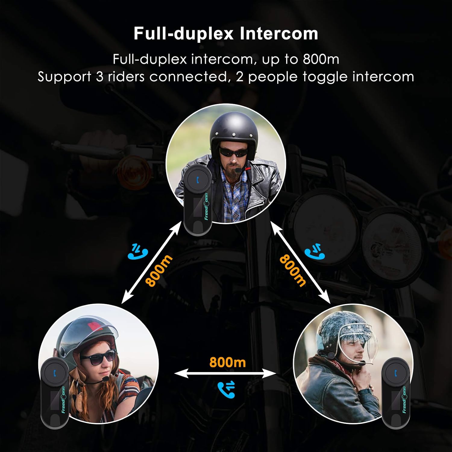 New Deal Helmet Bluetooth Intercom Kit Microphone Headphone Motorcycle Intercom Headset 800M Full-Duplex Intercom Support 3 Riders Connected, Cell Phone/Music/GPS (1 Unit with Hard Cable)