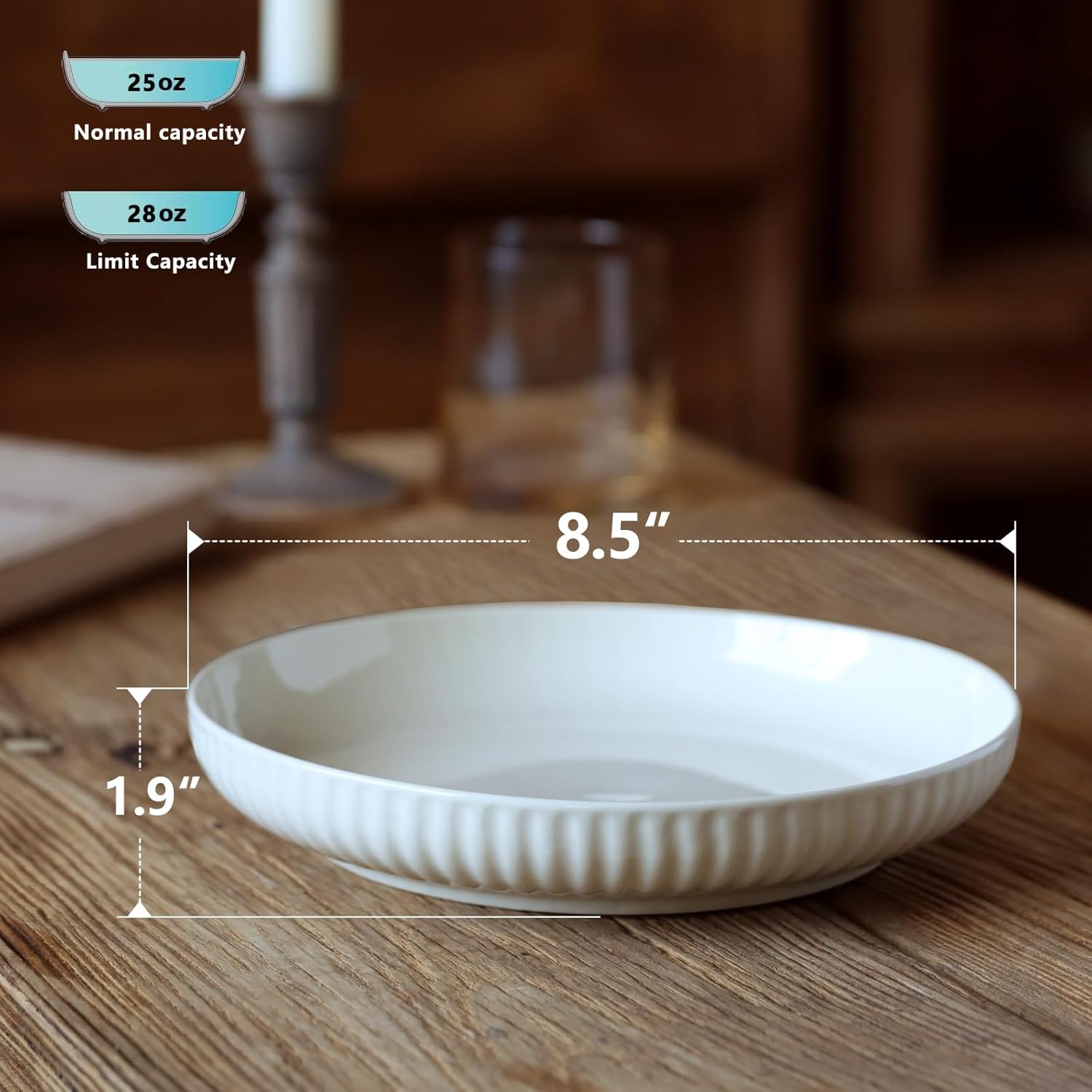 Ceramic Pasta Bowls Set of 4-28oz, Serving Salad, Soup Bowls For Kitchen Shallow Dishes Dinner Bowl, Microwave & Dishwasher Safe- Elegant Cream Color, 8.3in
