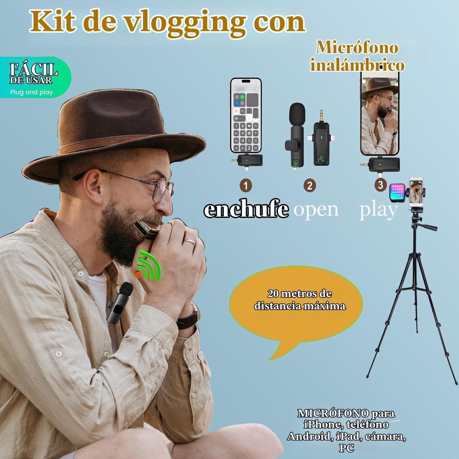 Vlogging Kit, Vlogging Kit para iPhone Andriod Phone, Kit de Vídeo Influencer w/Lavalier Mic/Luz RGB/Remoto/Trípodo Extensible Trípode móvil