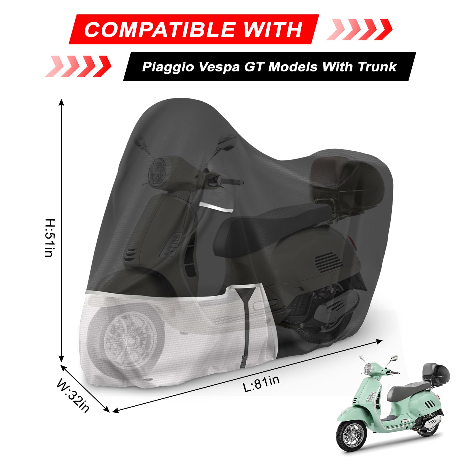 Telo moto per esterno per Piaggio Vespa GTV GTS GT60/125/200/250/300 (con bagagliaio), 420D tessuto Oxford impermeabile resistente all'inverno telo coprimoto copri moto