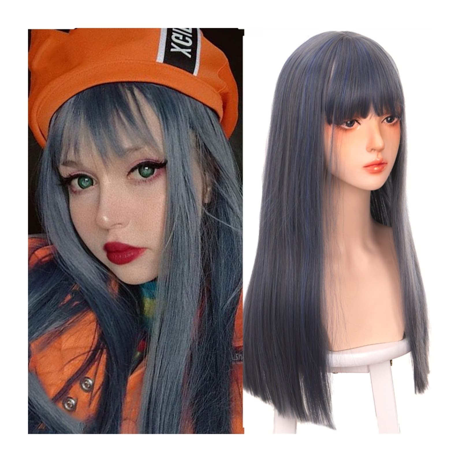 Perruque droite bleu gris frange : changez de coiffure sans coloration