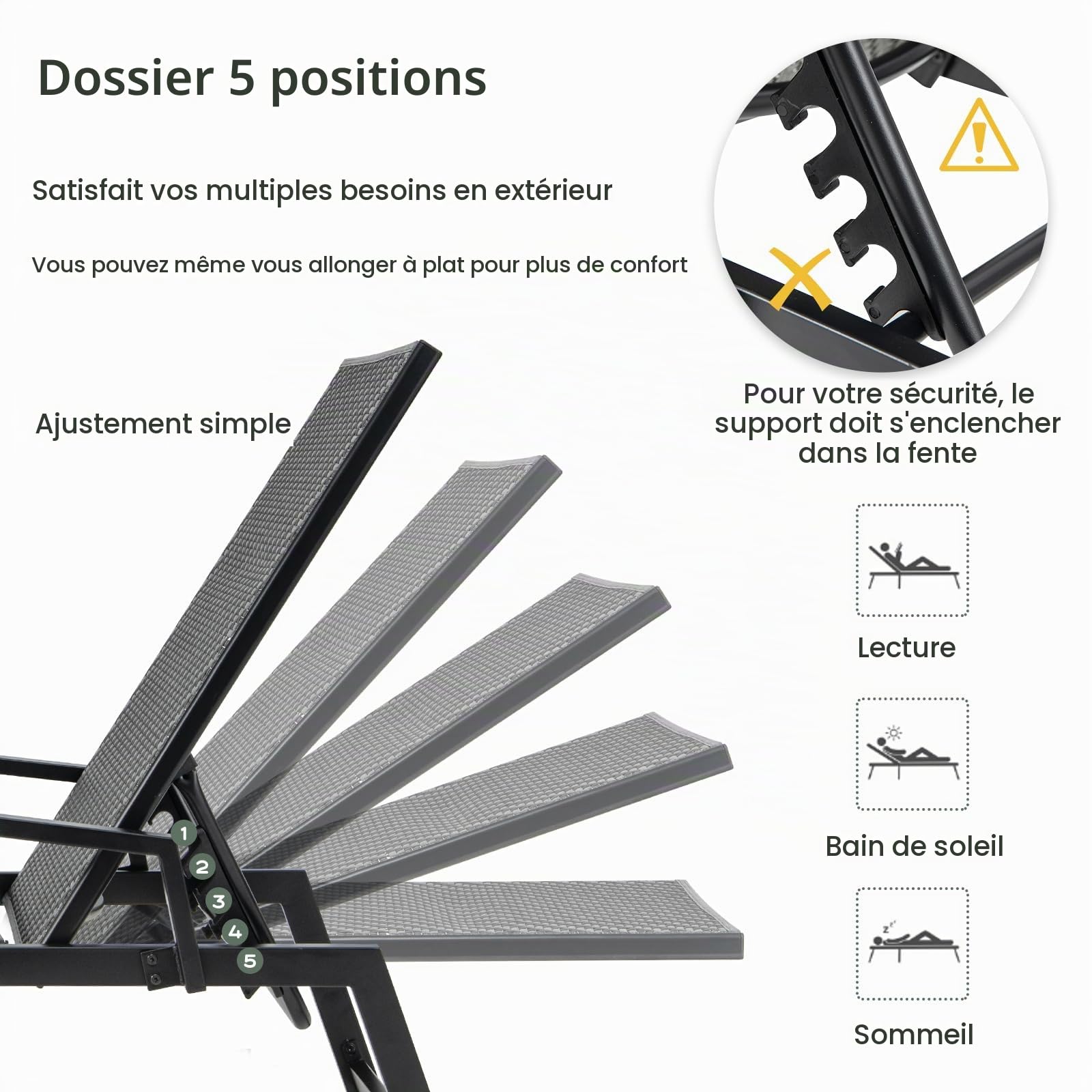 LIFEZEAL Transat Jardin Extérieur avec Dossier Inclinable en 5 Positions, Chaise Longue en Rotin PE avec Accoudoirs, Bain de Soleil pour Plage, Piscine, Terrasse, Balcon, Charge 150 kg (Noir)