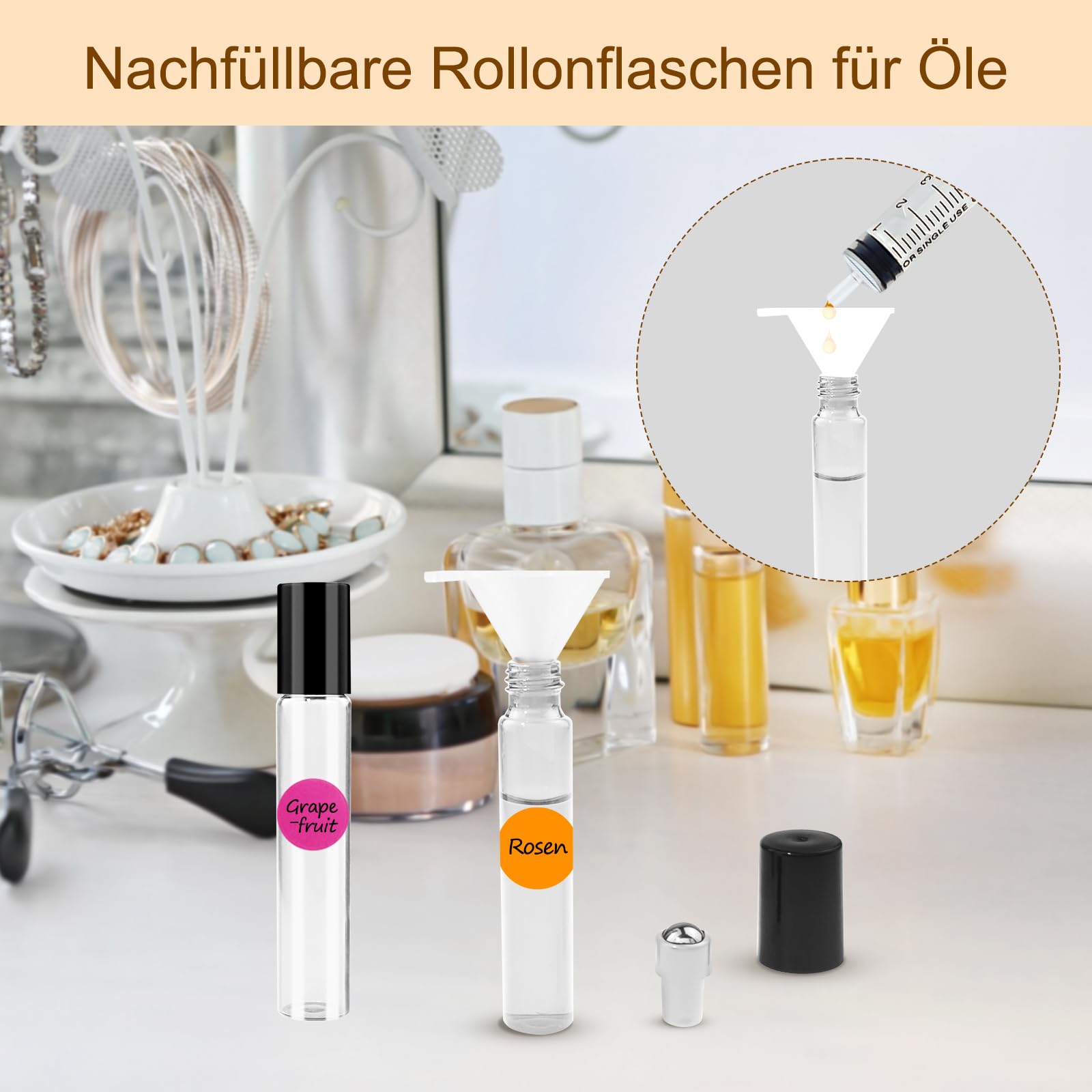 Botellas Roll-On 10ml para Aceites Esenciales, Frascos de Vidrio Vacíos con Accesorios