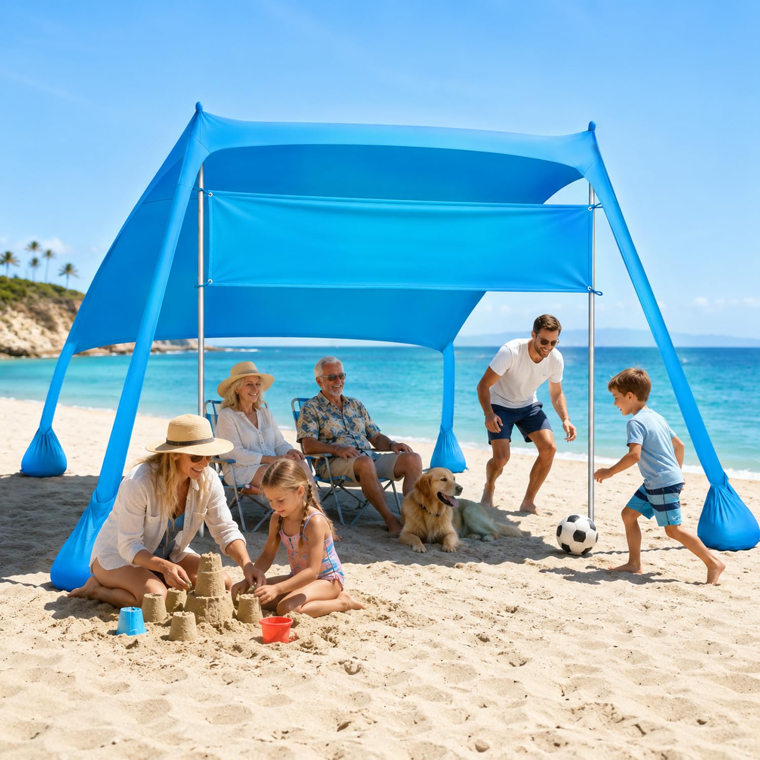 Strandzelt – Sonnensegel Strand 2.1x2.1m mit UV Schutz UPF50+, windstabil & leicht, Strandmuschel mit Sandschaufel, Heringen und Stabilitätsstangen, Blau