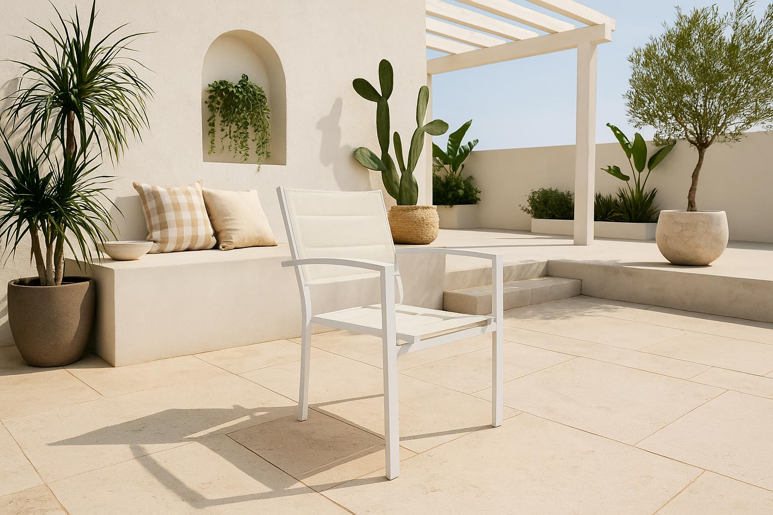 MOMMA HOME Pack 4 Sillas Terraza Exterior - Jardin Acolchadas con Reposabrazos, Material Textiline y Aluminio, Color Blanco, Medidas 87,5 x 56,5 x 57,5 cm