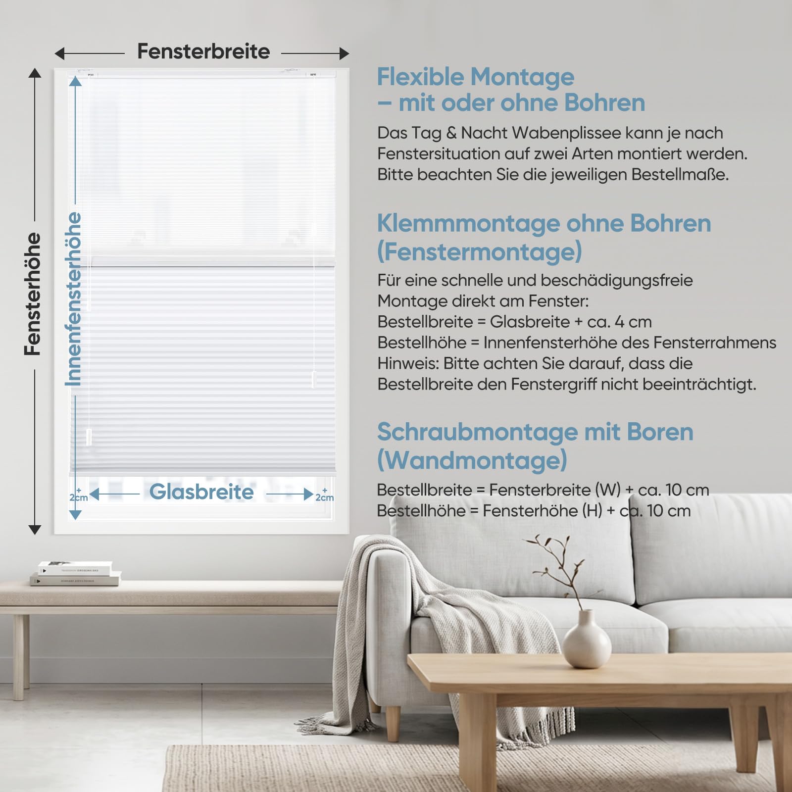 Sekey Wabenplissee Ohne Bohren Doppelplissee Day+Night Verdunkelung Rollo 100% verdunkelnd Blickdicht – Bild 7