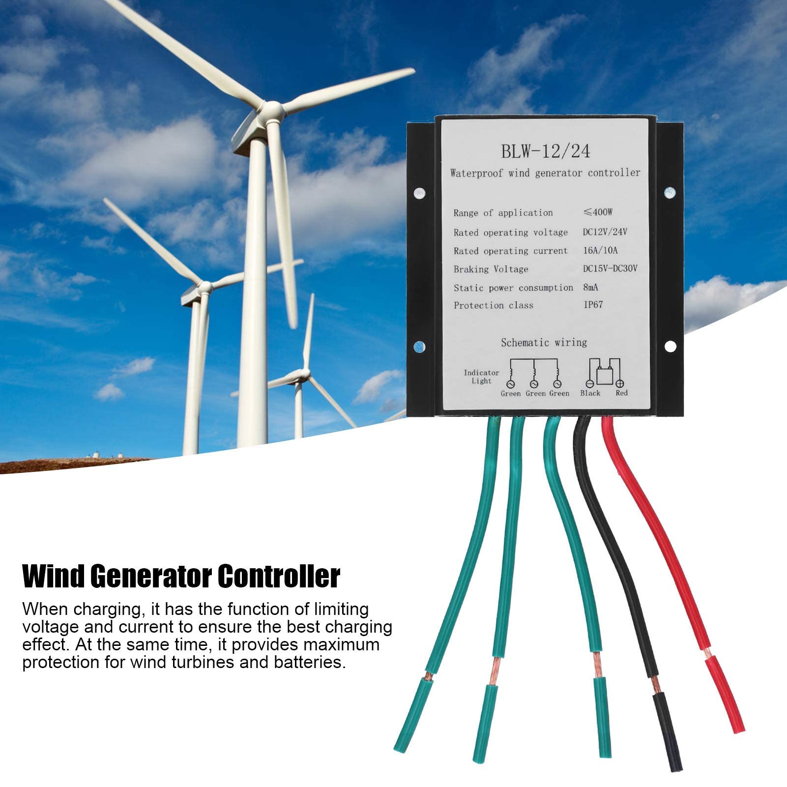 Aerogenerador Controlador DC12-24V 400W Regulador Carga Batería Impermeable IP67 con Protección
