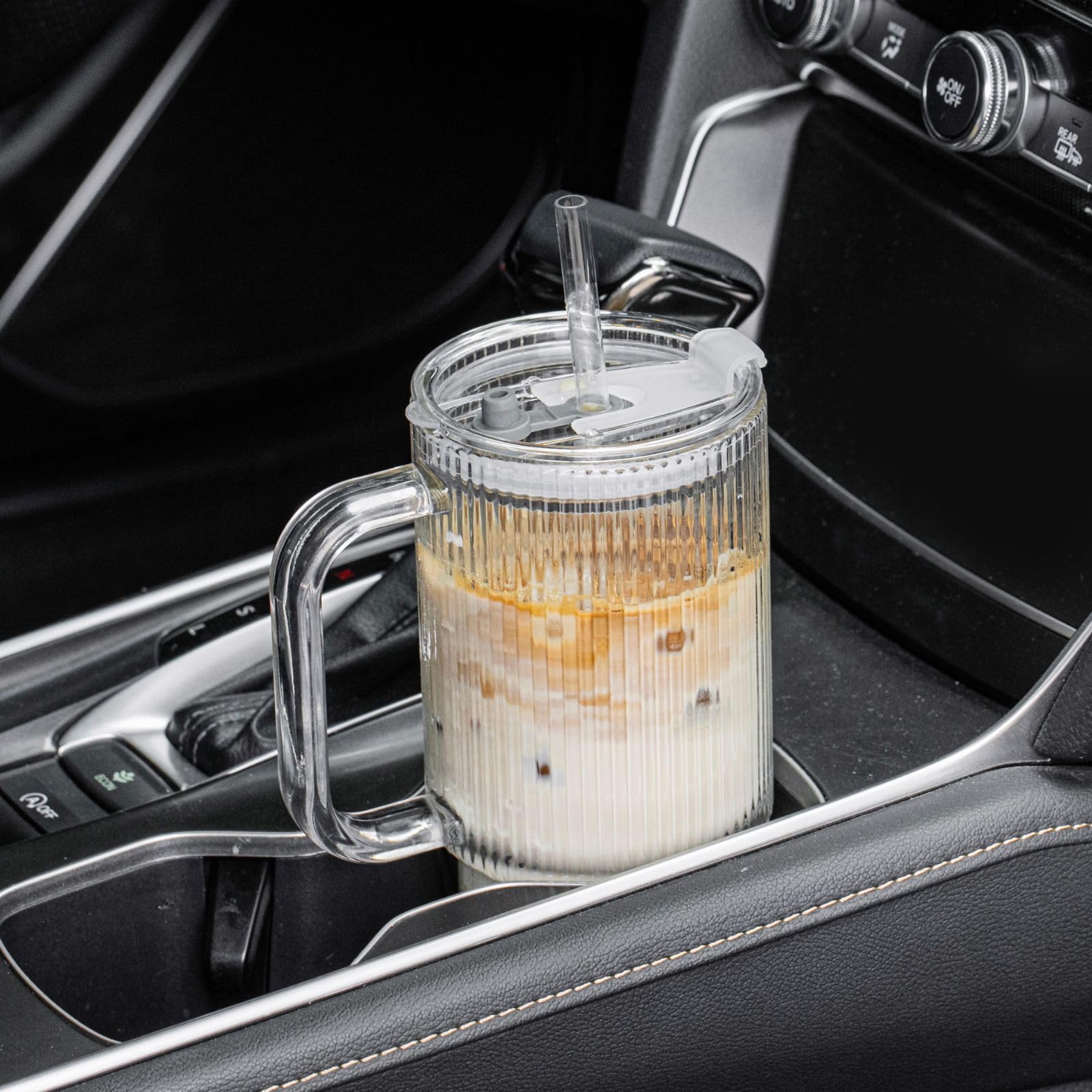INSETLAN 2 bicchieri da 760 ml con coperchio e cannuccia, bicchieri in vetro a costine con coperchio e manico, vetro spesso, ideali per caffè freddo, matcha, latte, succhi di frutta e altre bevande