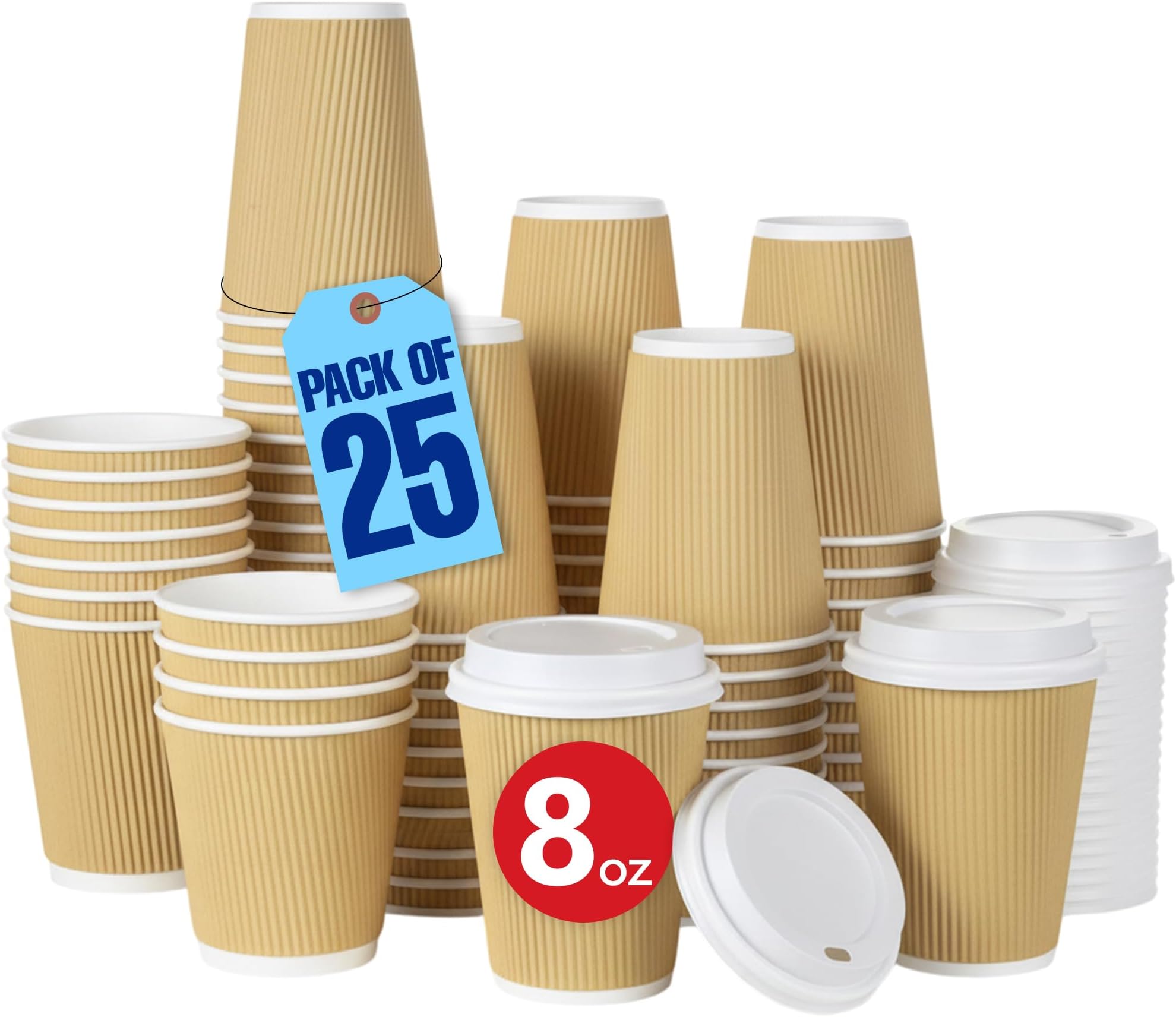 MARKQ [25 Sets] 8 oz. Brown Disposable Ripple Insulated Coffee Cups with Lids - Hot Beverage Corrugated Paper Cups