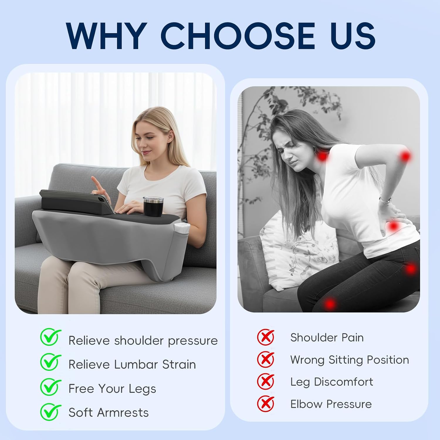 Reading Pillow for Gaming, Large Arm Rest Pillow for Adult, Memory Foam Desk Pillow with Cup & Phone Holder for Reading, Working, Crocheting, Playing Game or Sitting in Bed (Grey & Black)