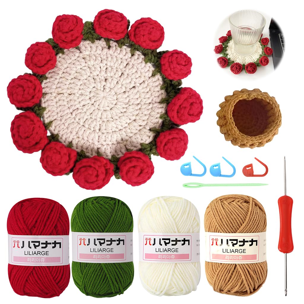 PATPAT® DIY Rose Crochet Coaster Art Craft Kit, Romantic Rose Flower Crochet Cup Coaster Mini Flower Pot Desk Decor, with Crochet Needle, Color Yarn, Tutorial Guide, DIY Crochet Handmade Gift-image-43