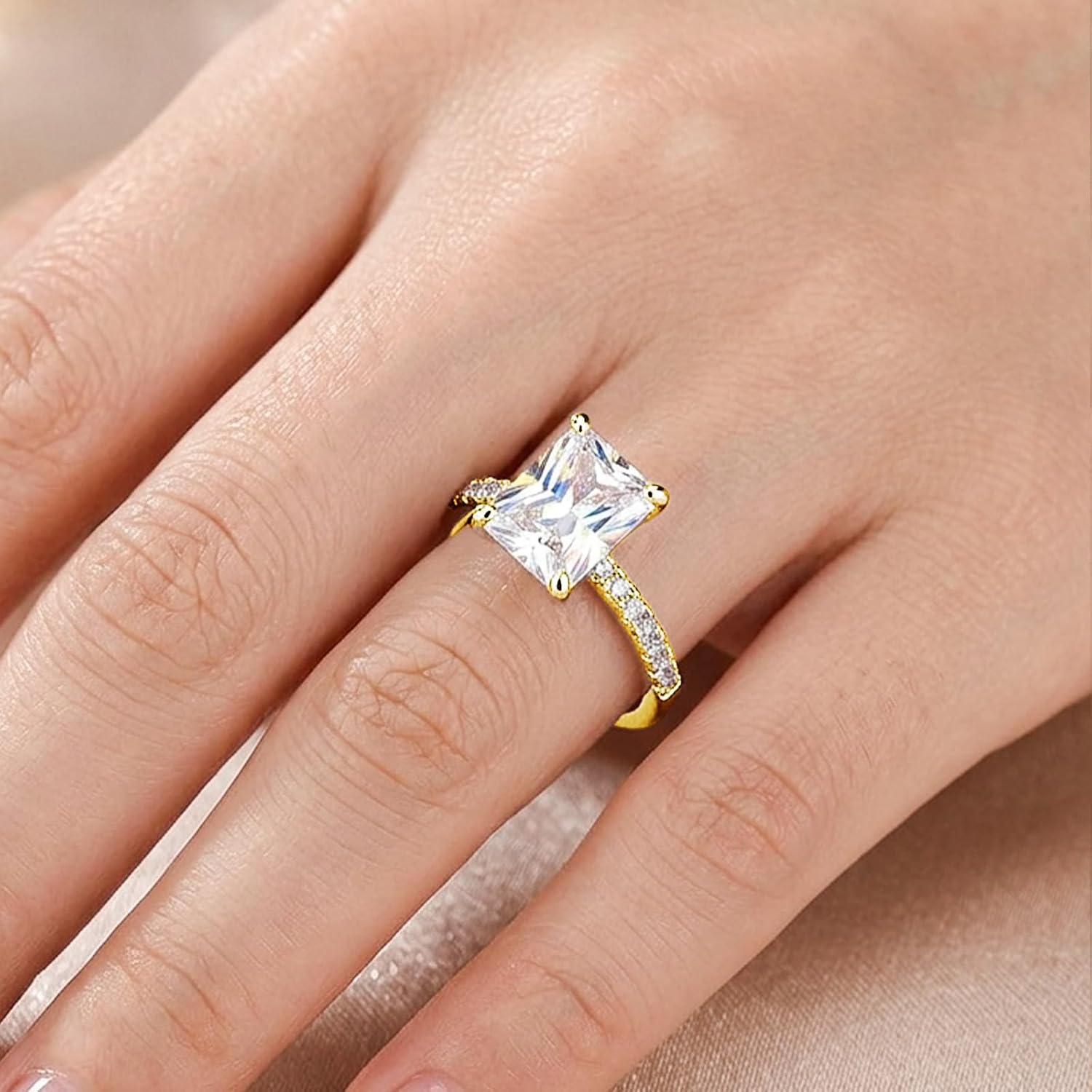 1/2/3/4CT Moissanite Engagement Rings for Women, 925 Sterling Silver Radiant Cut Wedding Ring D Color VVS1 Moissanite Anniversary Jewelry Wedding Bands, 14K Gold Plated Engagement Ring Valentines Day Rings