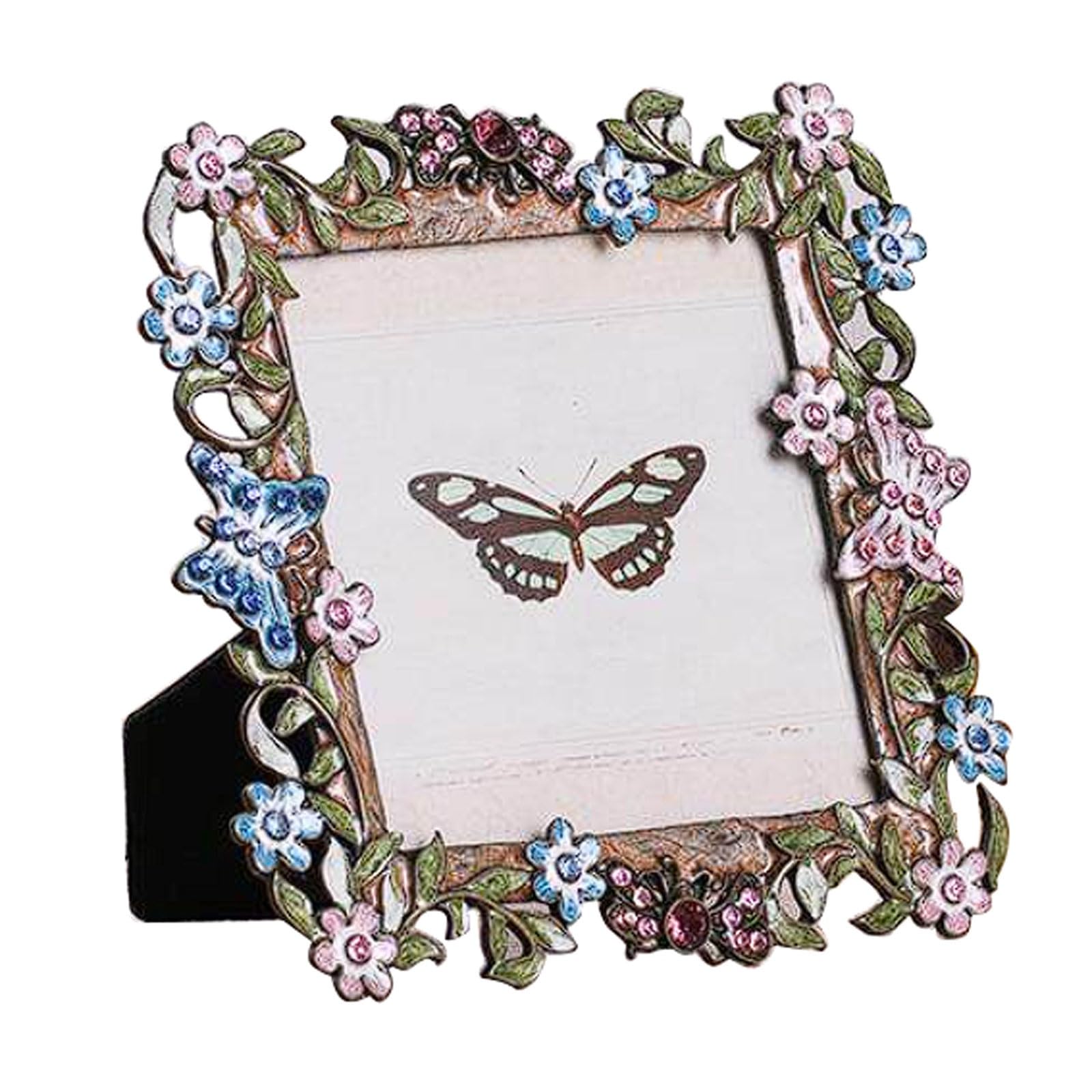 Floral Vine and Butterfly Photo Frame, Enameled Metal Craft Ornament, Alloy with Enamel Painting and Inlay