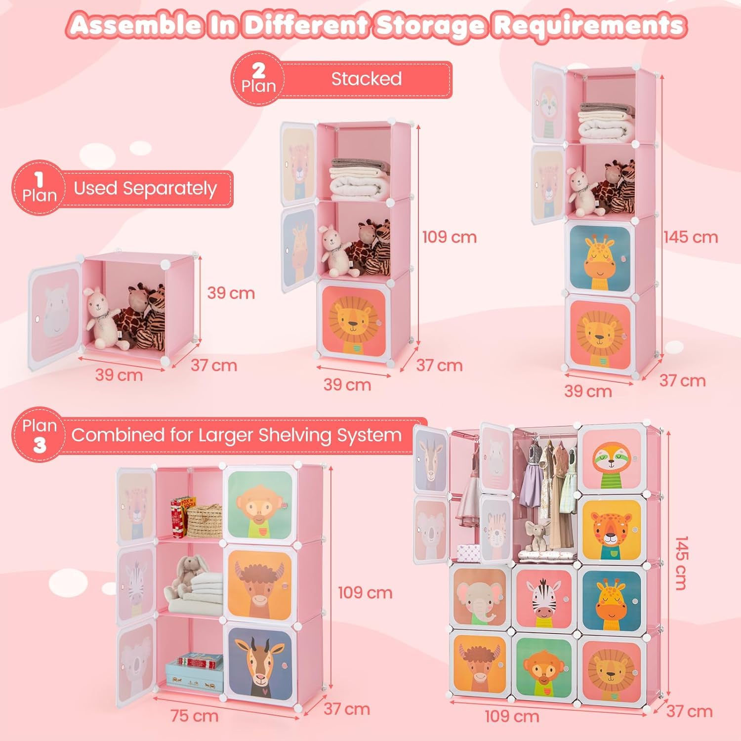 Organizador de almacenamiento de armario para niños, cómoda portátil con 12 cubos y 2 secciones para colgar para dormitorio de niños o guardería, bonito diseño con puertas