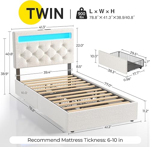 Miniatura 3 de Rolanstar Base de cama individual con 4 cajones de almacenamiento y estación de carga, cama individual con luces LED, 2 USB y 1 tipo C, cabecera