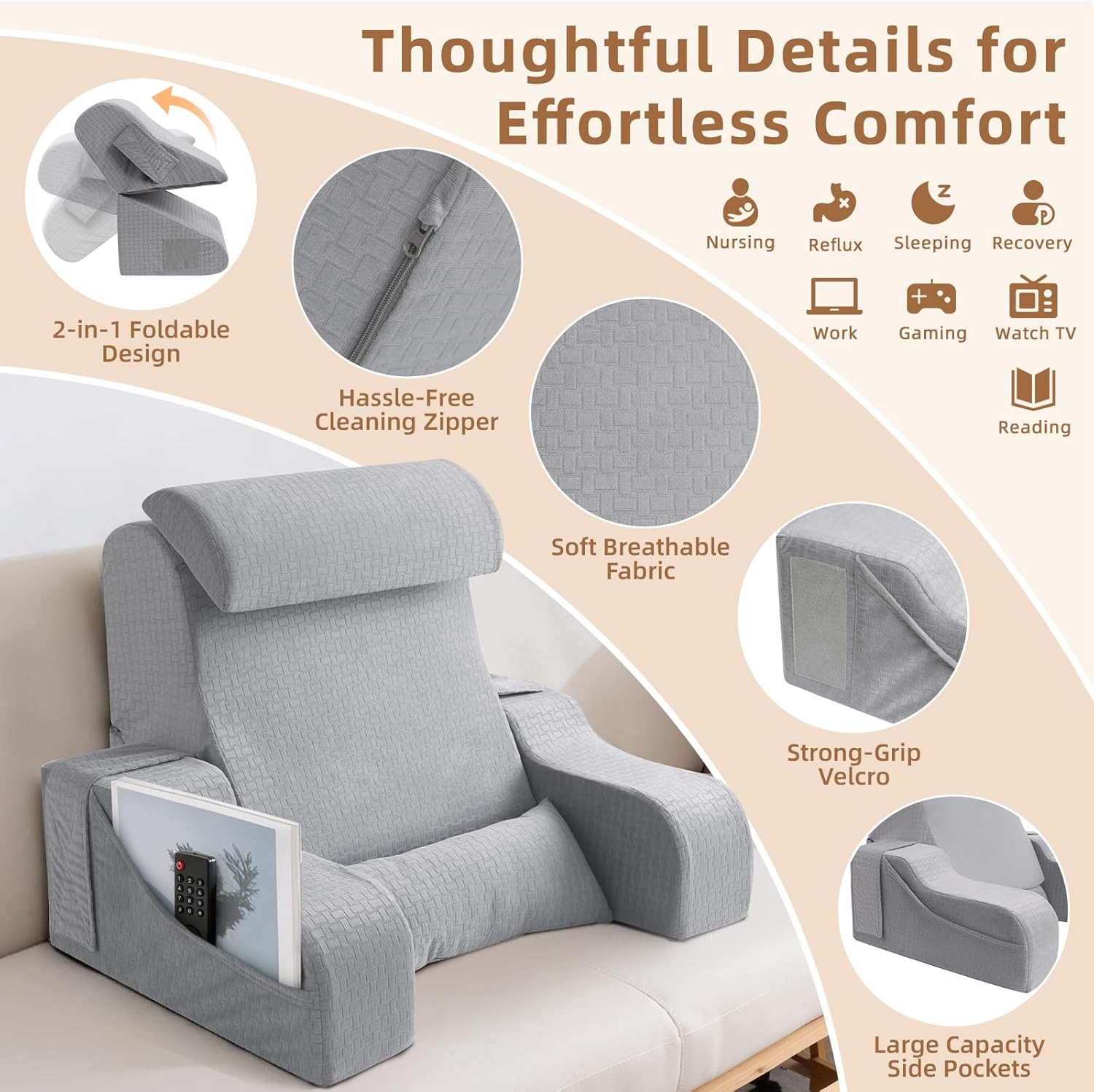 5PCS Reading Pillow for Sitting in Bed Adult, 2 in 1 Foldable Back Wedge Pillow for Sleep, Ergonomic Back Support Pillow with Arms for Watching TV, Gaming, Working, Recovery, 19” Grey