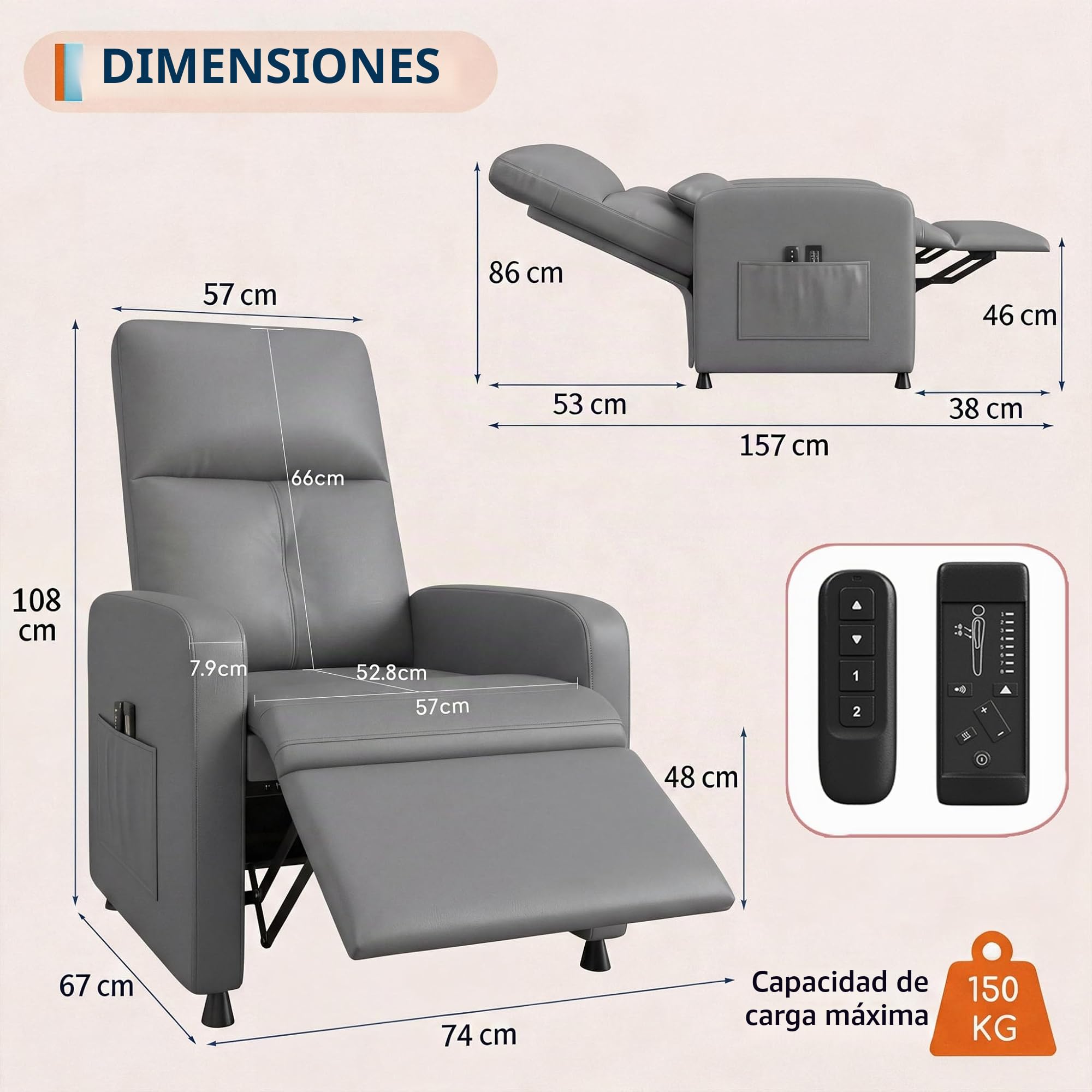 GarveeLife Sillón Reclinable Eléctrico con Masaje y Calor, Polipiel, Gris | Con estructura de hierro, respaldo eléctrico regulable, para salón o sala de estar, cada unidad mide 83 x 76 x 102 cm