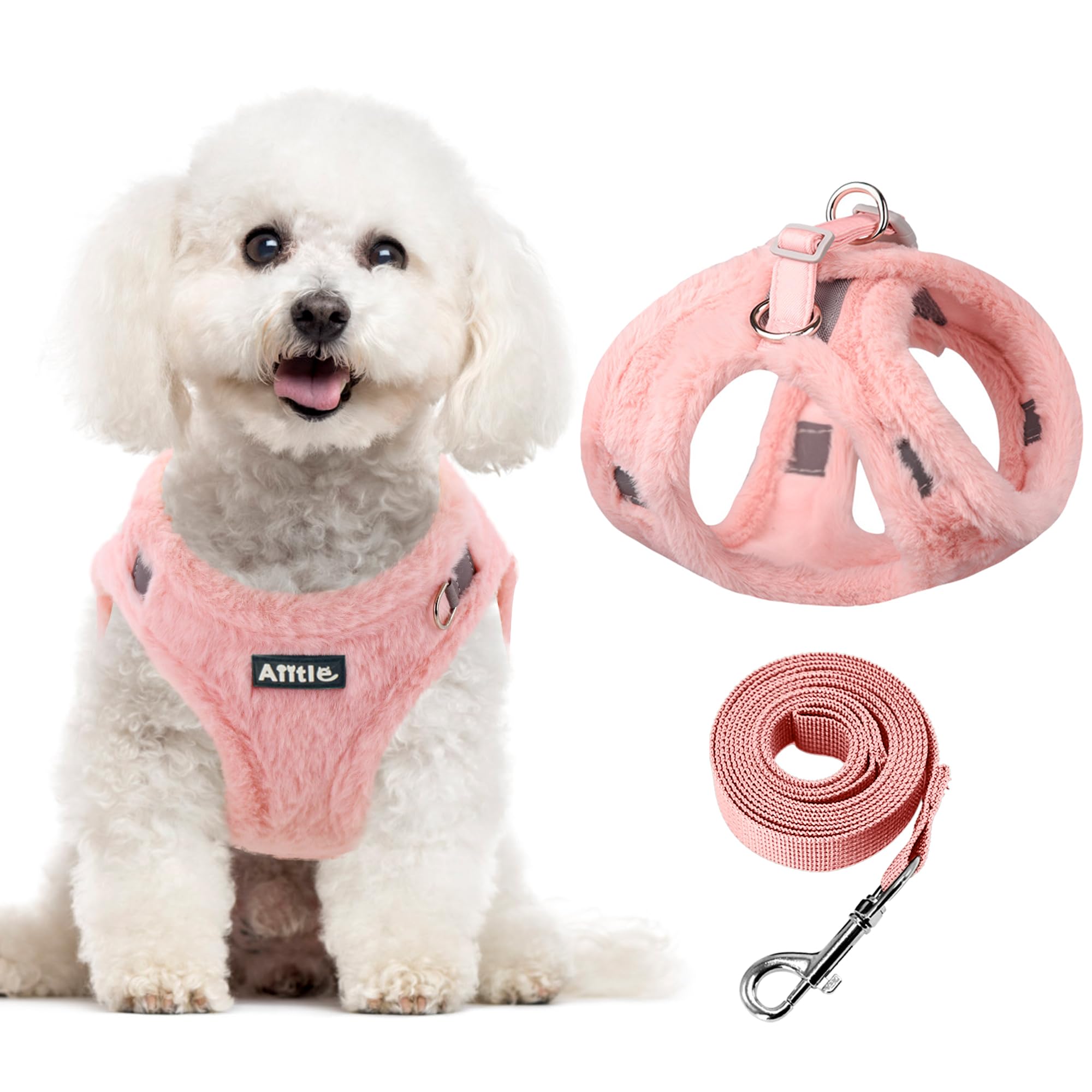 AIITLE Plush and Faux Suede Dog Winter Harness and Leash Set - Breathable Warm Dog Harness - Magic Tape Design Fleece Lined Dog Vest for Cold Weather, Easy to Put on Small and Medium Dogs Pure Pink S