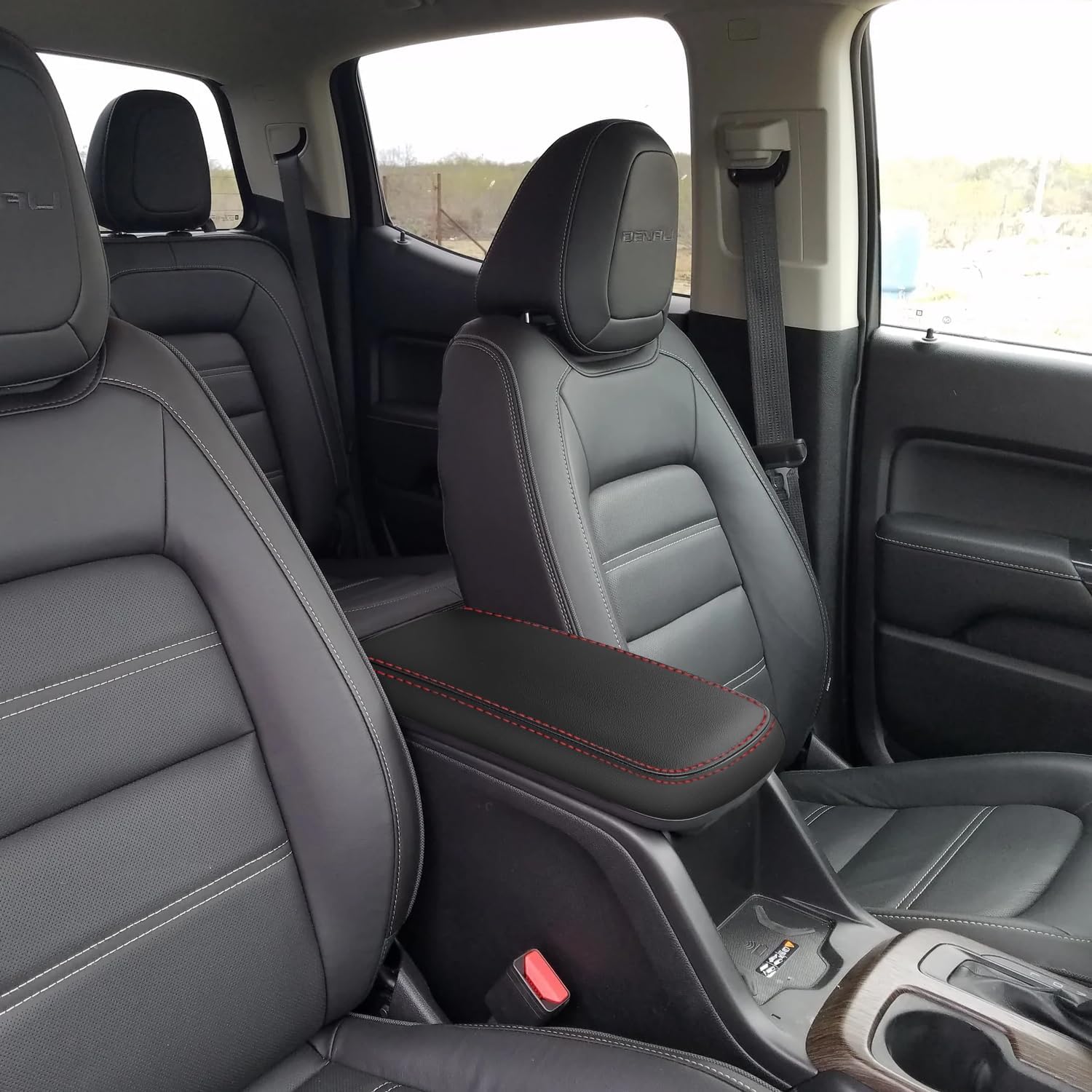 Car Center Console Armrest Cover for 2015-2022 Chevy Colorado/GMC Canyon Leather Anti-Scratch Central ArmRest Box Lid Seat Cover Protector Cushion Interior Accessories-Red Stitches image 5