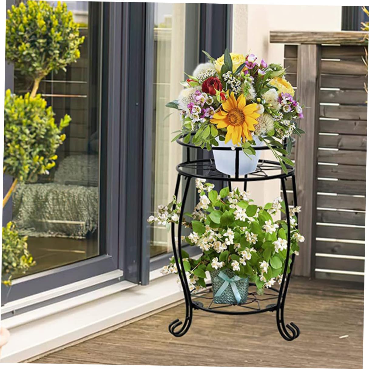 Supporto per Fioriera in Ferro Battuto 2 Livelli Portavasi da Terra Robusto e Smontabile per Piante da Interno ed Esterno, Scaffale Rustico per Veranda, Patio, Balcone e Giardino