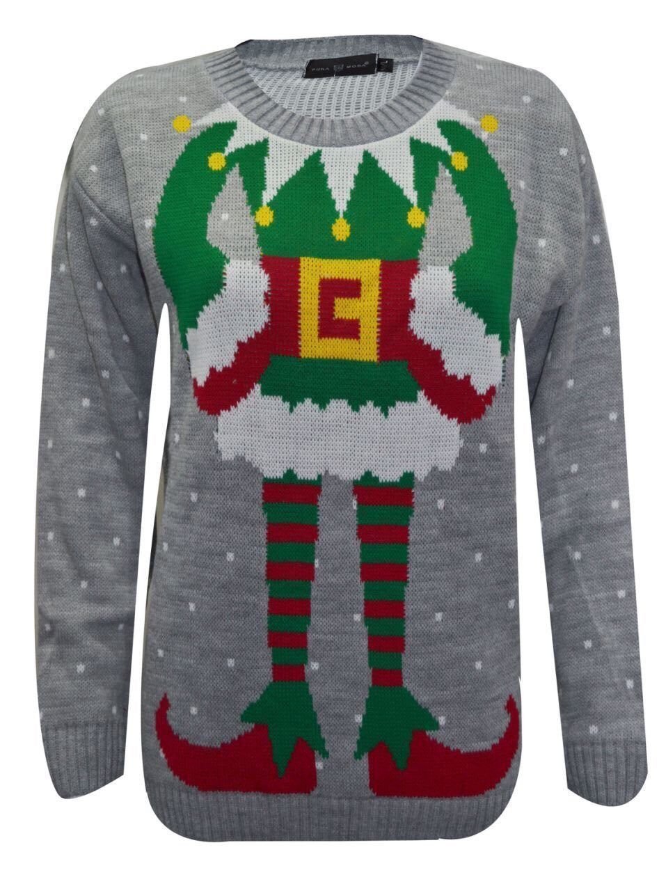 GirlzWalk Womens Elf Body Snow Printed Design Novelty Christmas Knitted Jumper Sweater (Grey, XL (16-18))