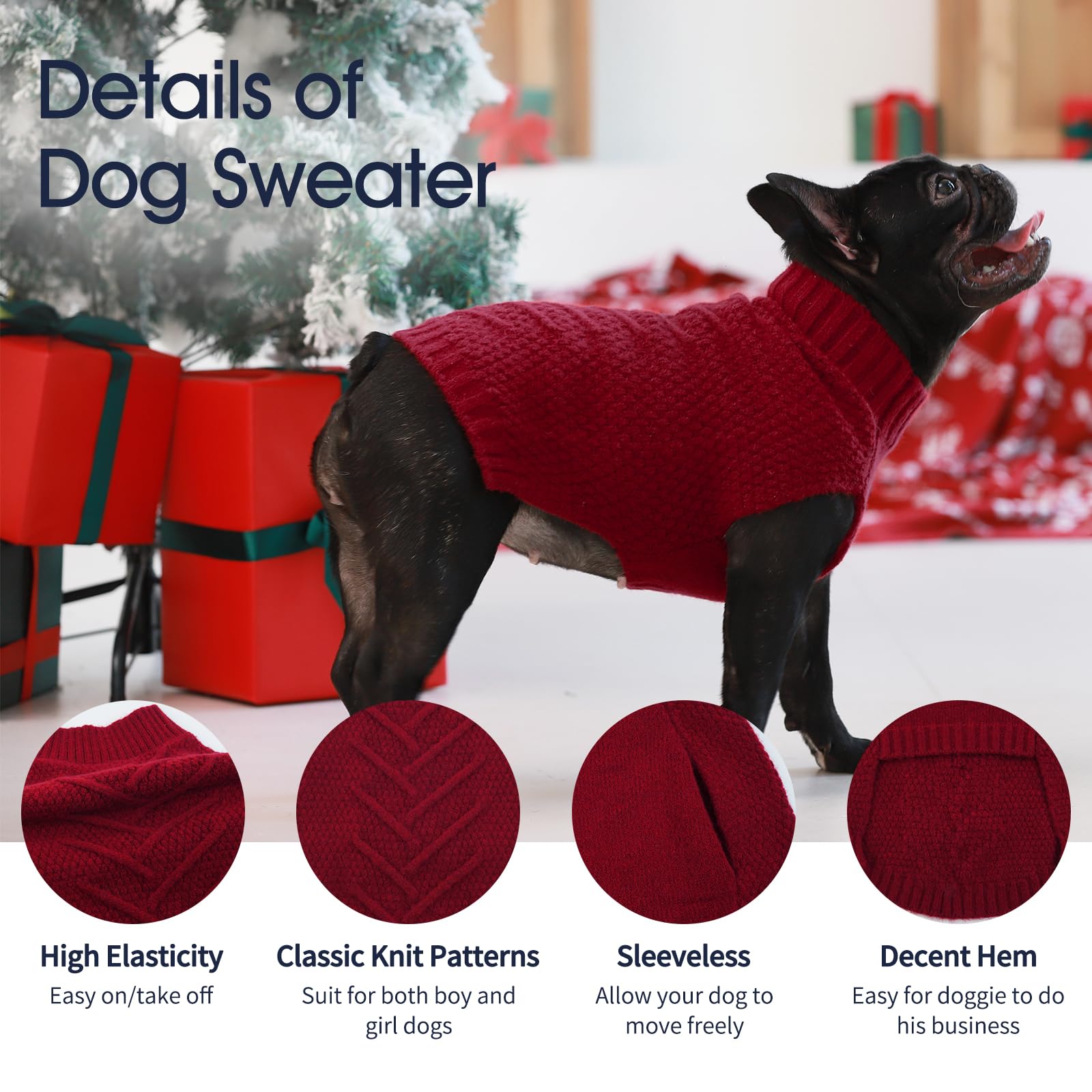 IECOii Thermal Knitted Dog Sweaters - Medium Dog Christmas Sweaters for Girls & Boys, Pug & Dachshund - Dark Red - Image 4