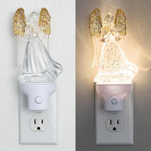 Guardian Angel Night Light with Swirling Glitter, Plug-in Wall Light with Push-Button Switch, Decorative Nightlight for Home, Bedroom, Bathroom, Holiday Gifts Includes Gift Box