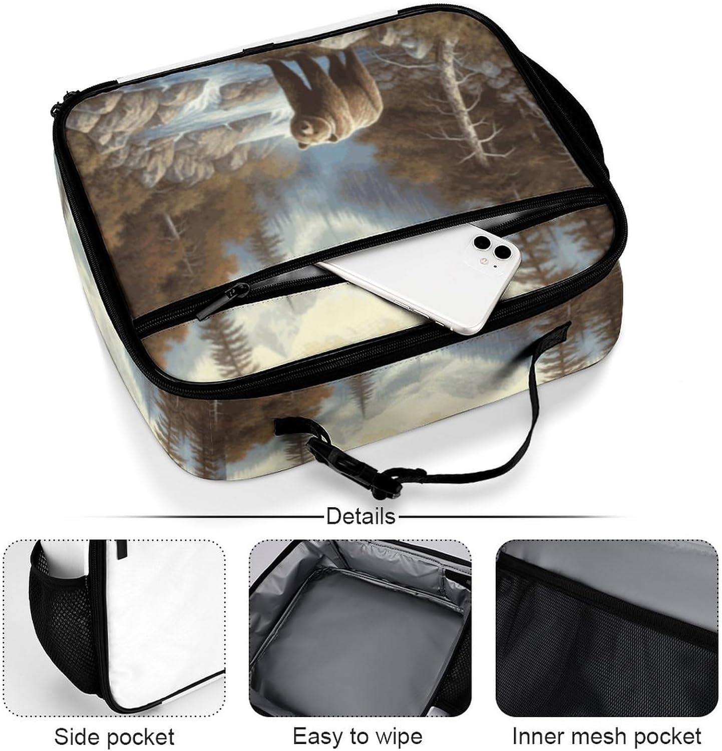 Grizzly Bear Reusable Lunch Box Insulated Lunch Bag Cooler Bag Lunchbox Meal Food Container Tote Bag for Women Kids Girls Boy School Camping Hiking Picnic Beach Travel
