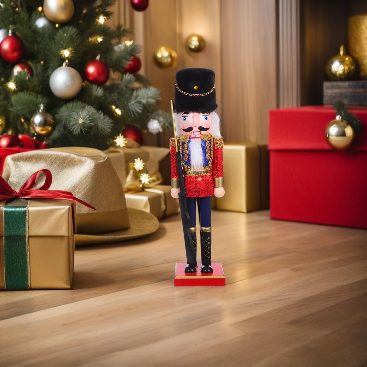 Christmas Nutcracker Figurine 38cm Wooden Nutcracker Soldier Decoration Red Sequins Glitter Desktop Xmas Ornament for Home Seasonal Holiday Display