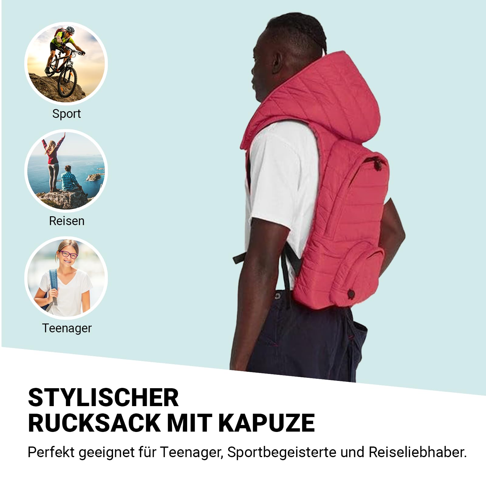 by MORIKUKKO Mochila con capucha, mochila para adolescentes y adultos, 33 x 7 x 40 cm, 10,5 l, ideal para la universidad y la escuela, mochila con compartimento para portátil, Rojo con