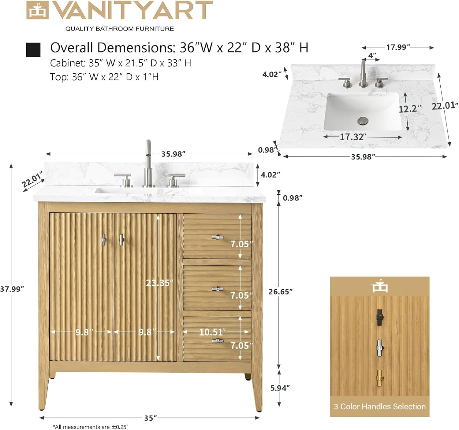 Vanity Art 36 inch Bathroom Vanity with Single Sink & Ceramic Top, Vanity Cabinet with Soft-Closing Door, Solid Wood Frame, Linear Pattern, Natural Oak, Golden Brushed Handware VA9136-NO-GB