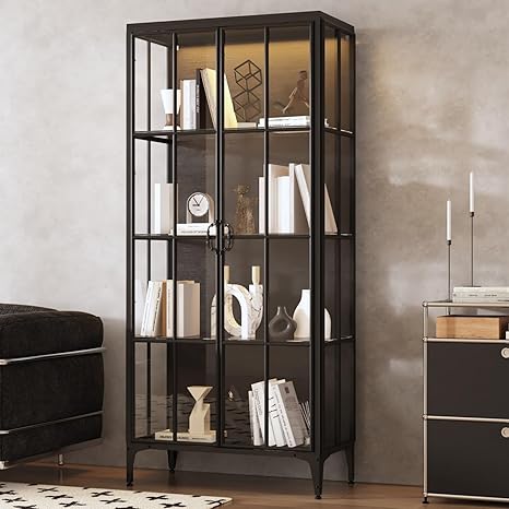 Display Cabinet with Glass Doors & LED Lights, Storage Cabinet with 4 Tier Glass Shelves & Metal Frame, Black, 31.5”W x 15.7”D x 70.9”H