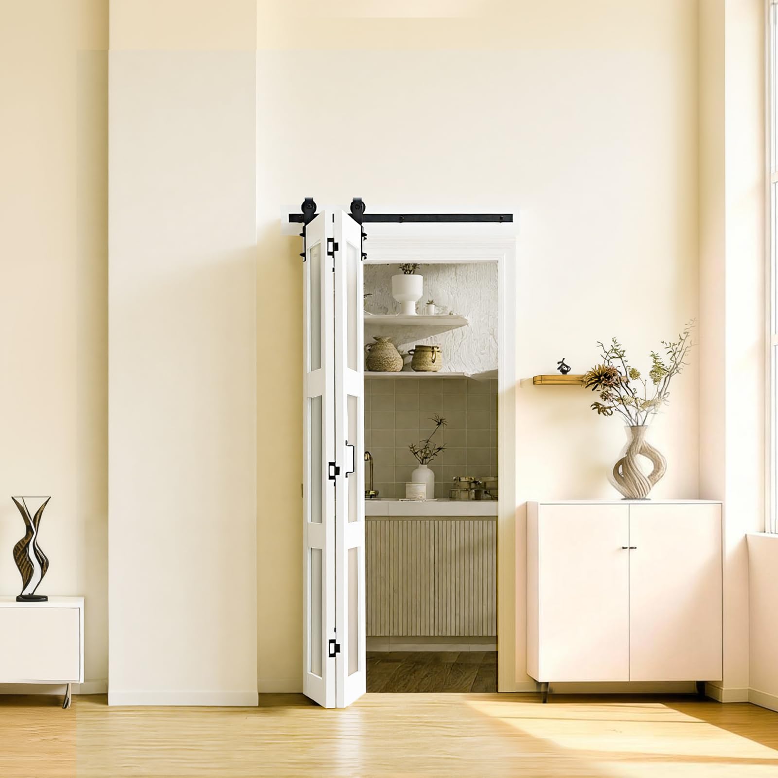 VEVOR Porte Coulissante Intérieure 91,4x213,4 cm, Porte de Grange Pliante en MDF avec Verre Trempé, pour Séparation de Pièce Chambre Salon Placard, Quincaillerie Incluse, Panneaux Pré-assemblés, Blanc