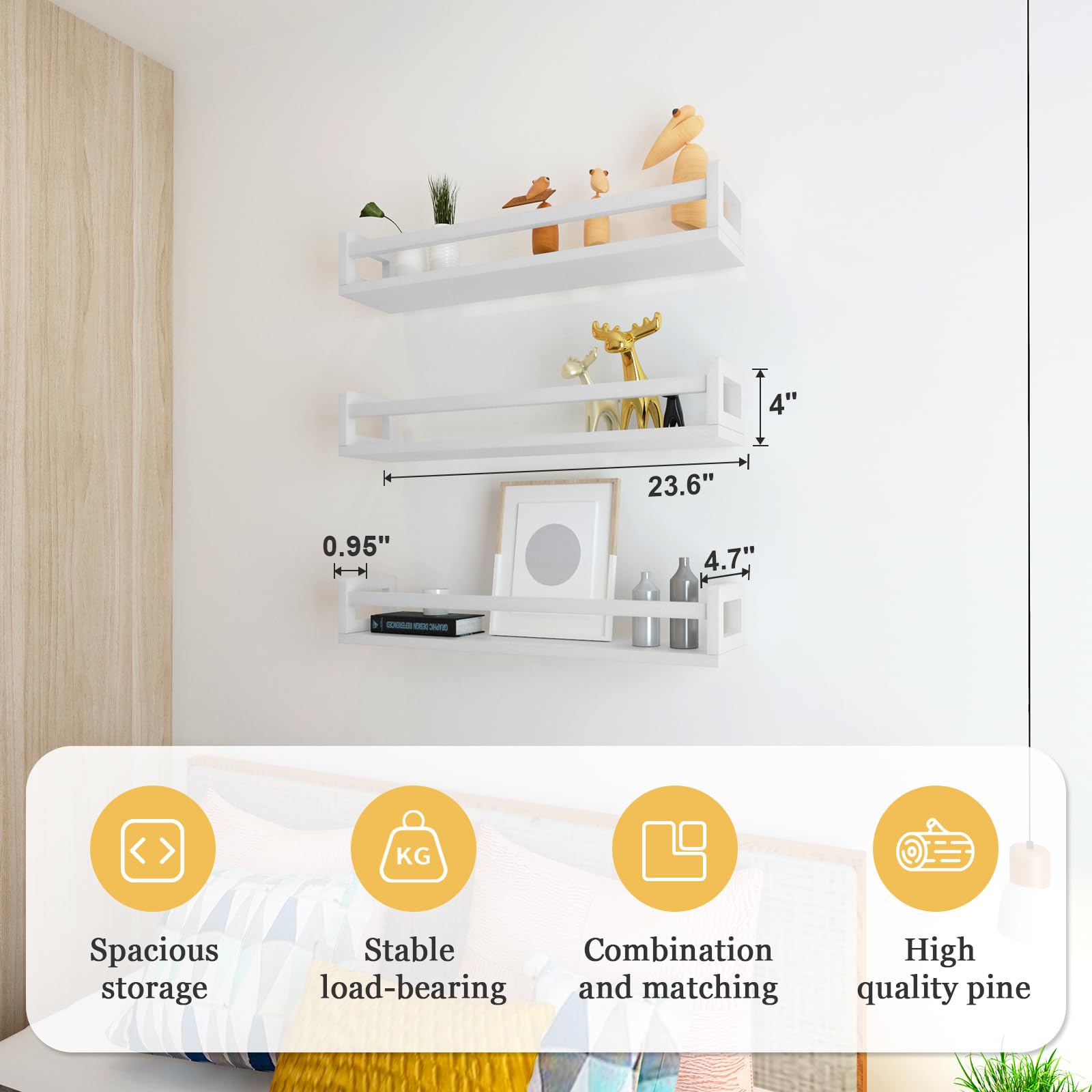 Estantes flotantes para libros de pared de 23.6 pulgadas, de madera maciza natural, juego de 3, estantes colgantes para habitación de niños, decoración de dormitorio y almacenamiento de 5