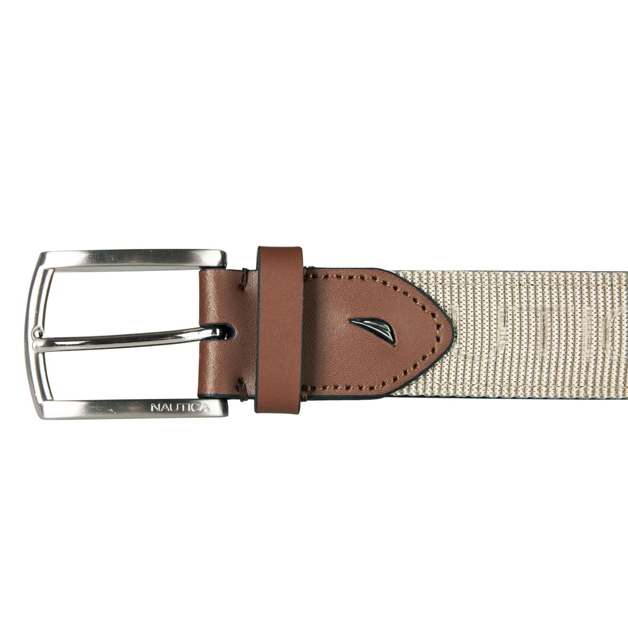 Nautica Men's Leather Tab Signature Webbing Logo Belt with Brushed Nickel Harness Buckle - Khaki - Medium