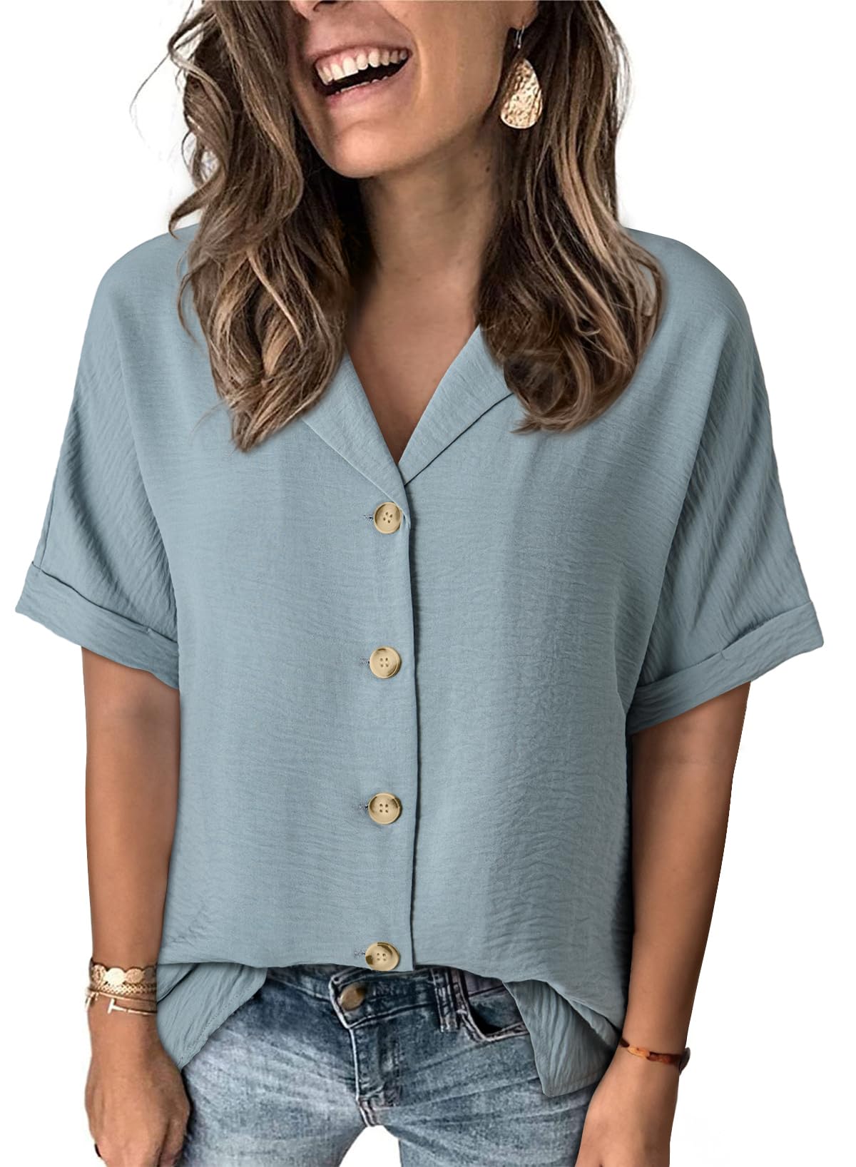 Dokotoo Women's Dressy Casual V Neck Short Sleeve Button Down Shirts Relaxed Work Business Loose Blouses Tops