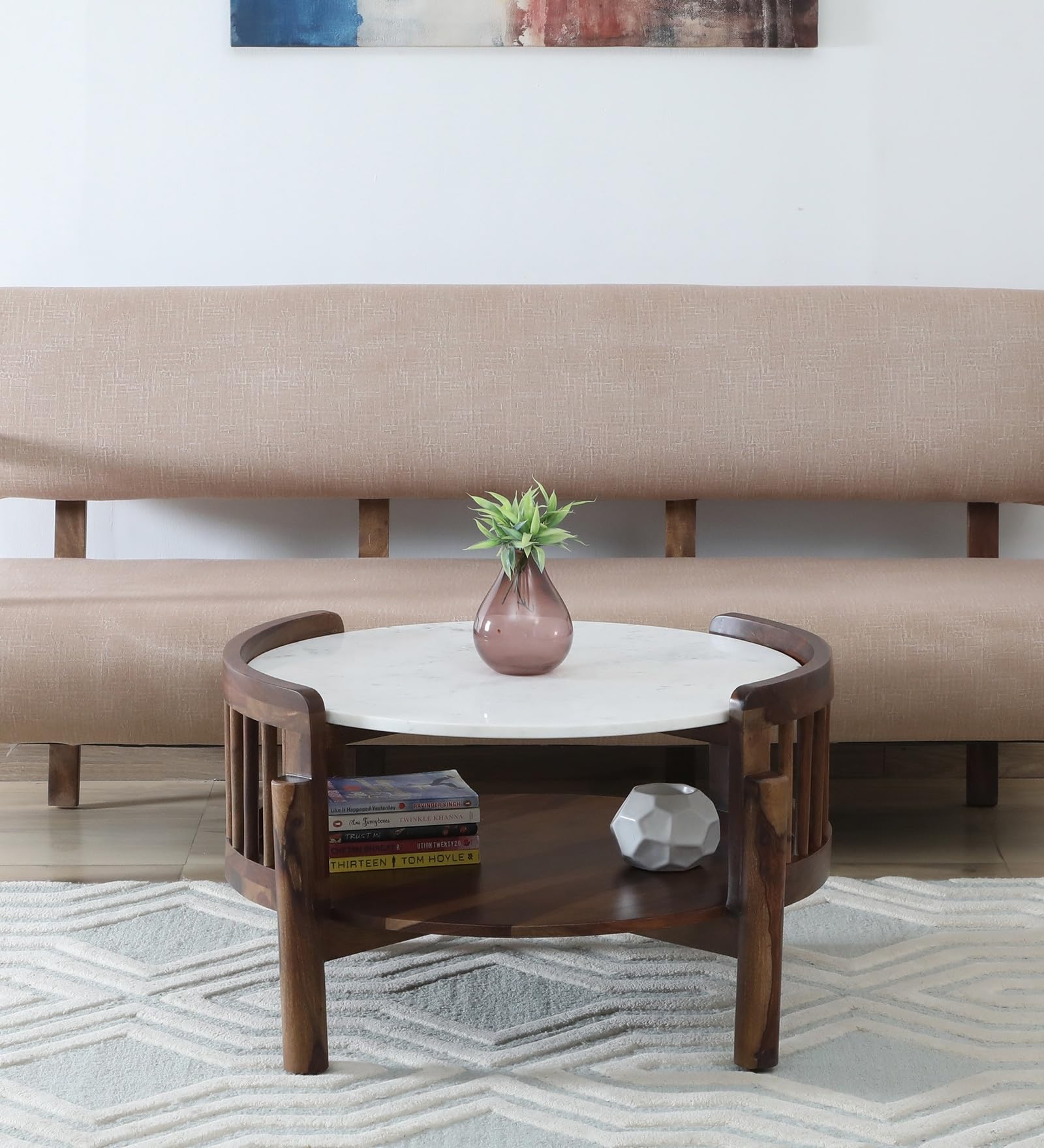 Finnmark Sheesham Wood Coffee Table | Provincial Teak Finish Center Table with Marble Top for Living Room, Lounge, Drawing Room & Reception Area | 81 x 81 x 46 cm-image-25