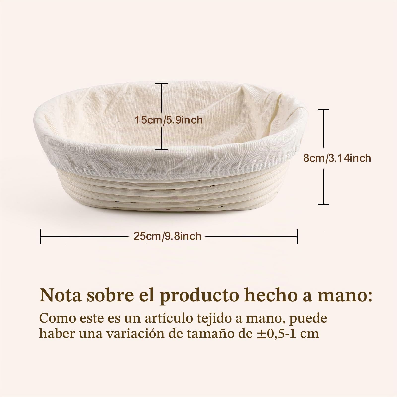 Banetones Pan 25cm Ovalado, Cesta Fermentacion Pan con Rascador y Lino de Ratán Natural