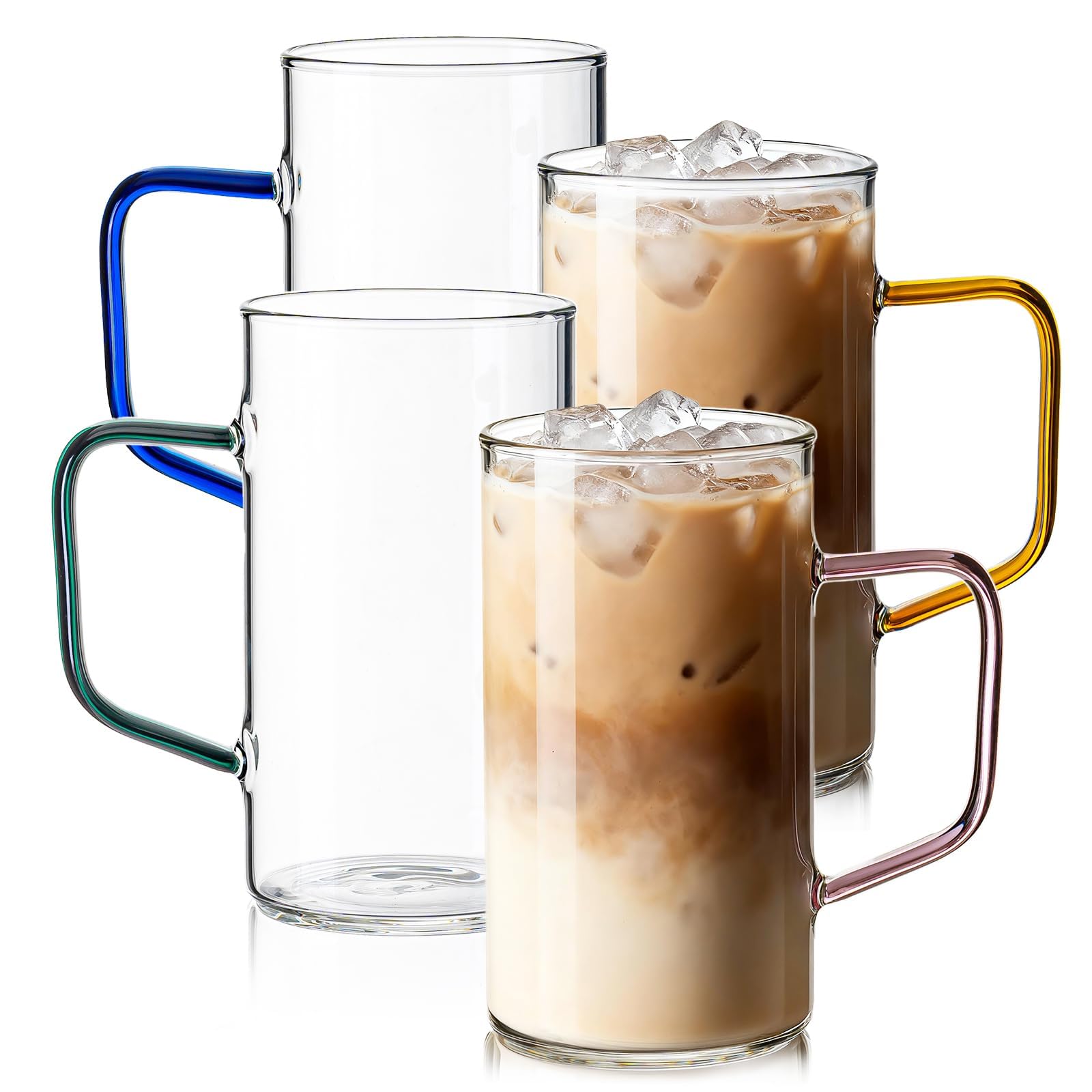 Qmibaby 500ML Glass Coffee Mugs Set of 4, 17 oz Large Clear Coffee Cups with Colorful Handles, Hand Blown & Seamless Design, Heat Resistant and Explosion-Proof, Lightweight Tea Mugs for Home,Cafe